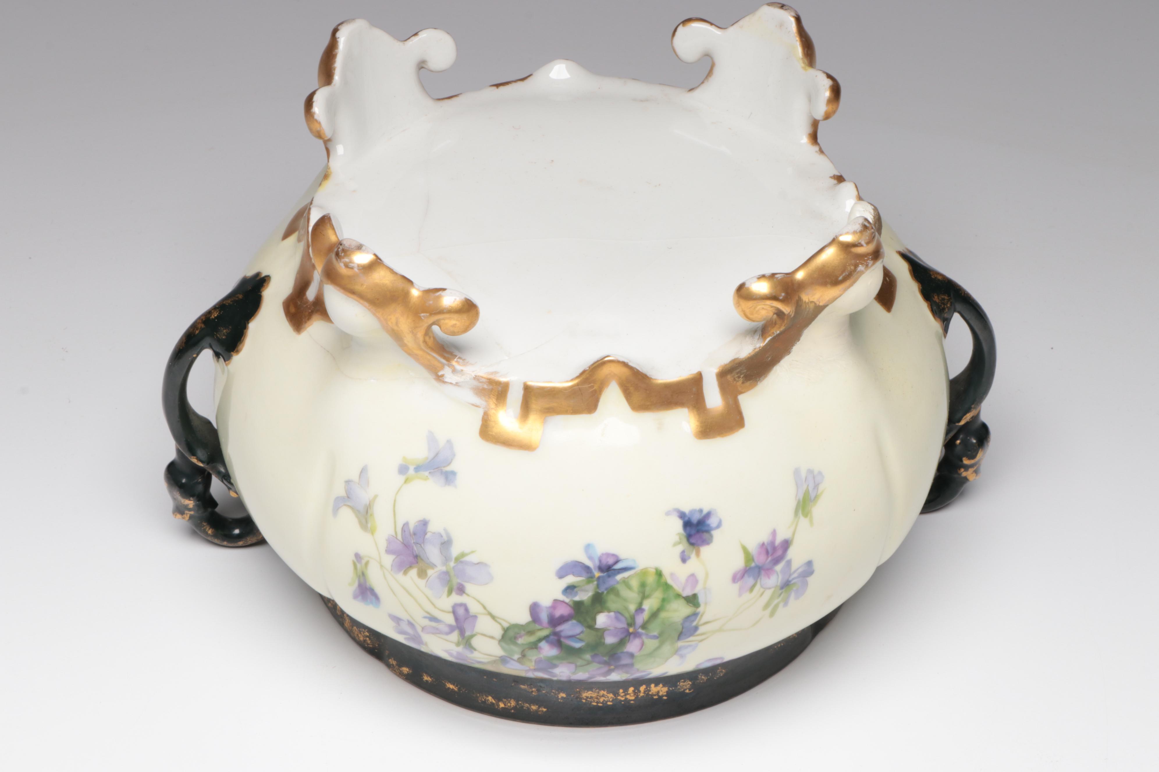 American Brilliant Cut Glass Bowls With Hand-Painted Porcelain Jardinière