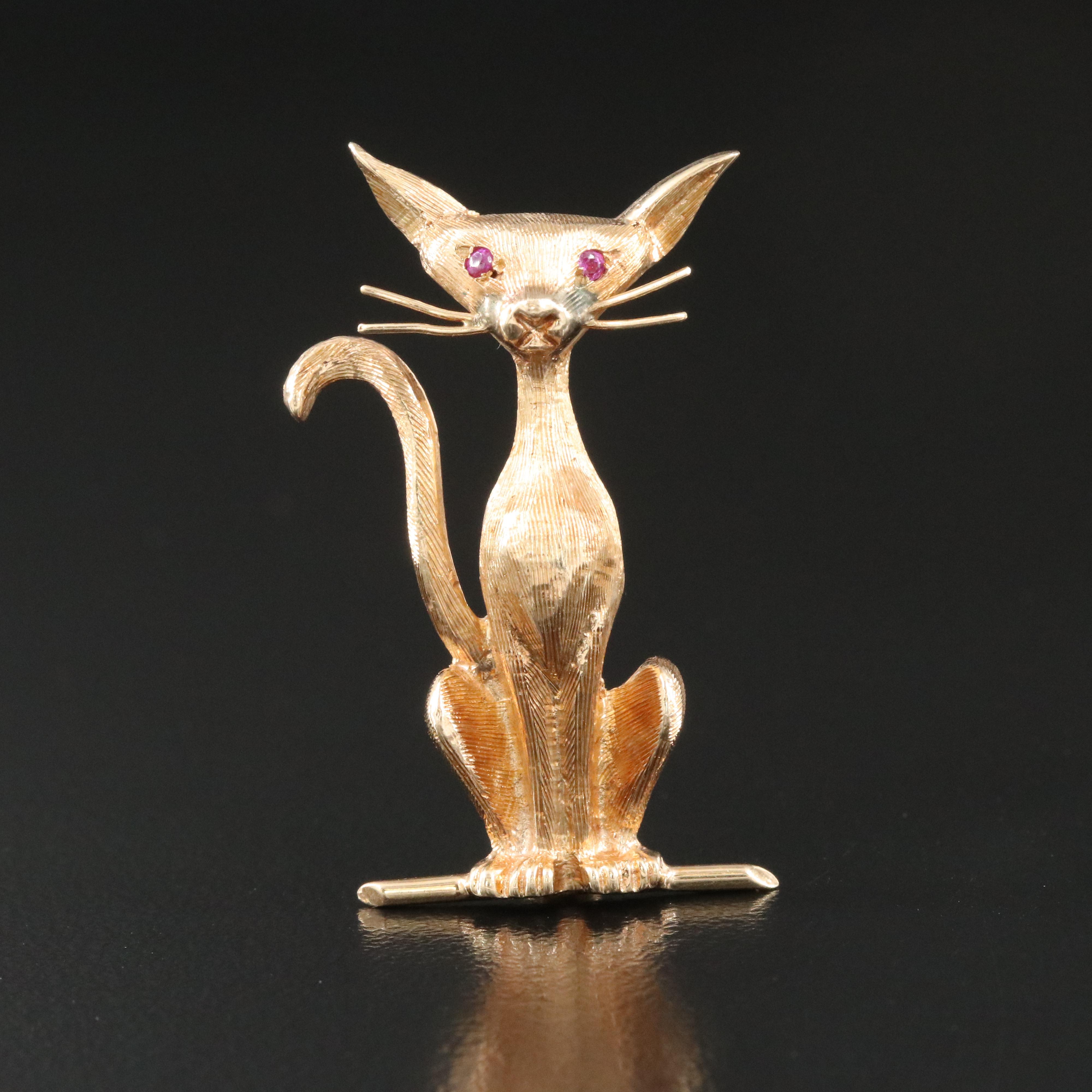 1960s 14K Cat Brooch with Ruby Eyes