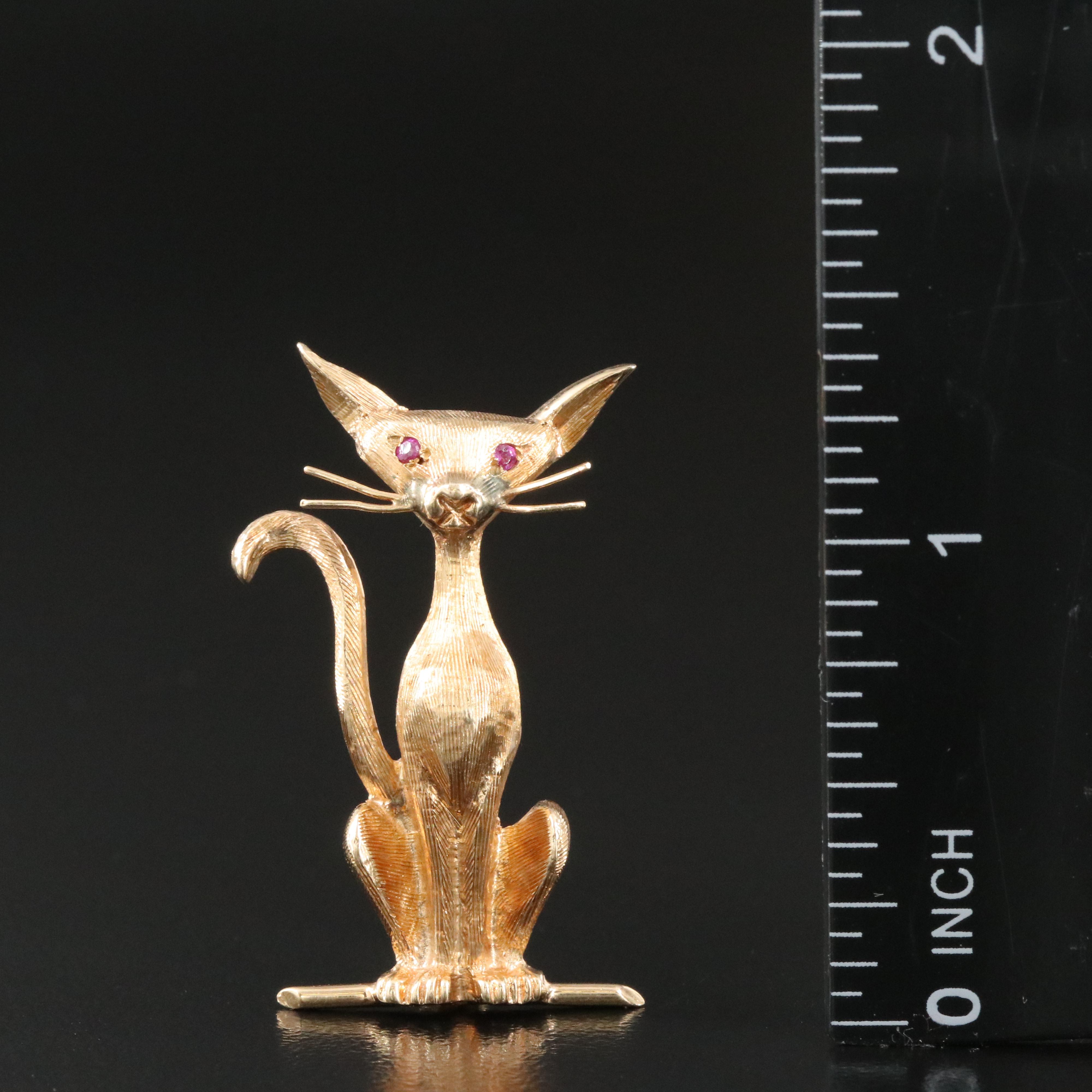 1960s 14K Cat Brooch with Ruby Eyes