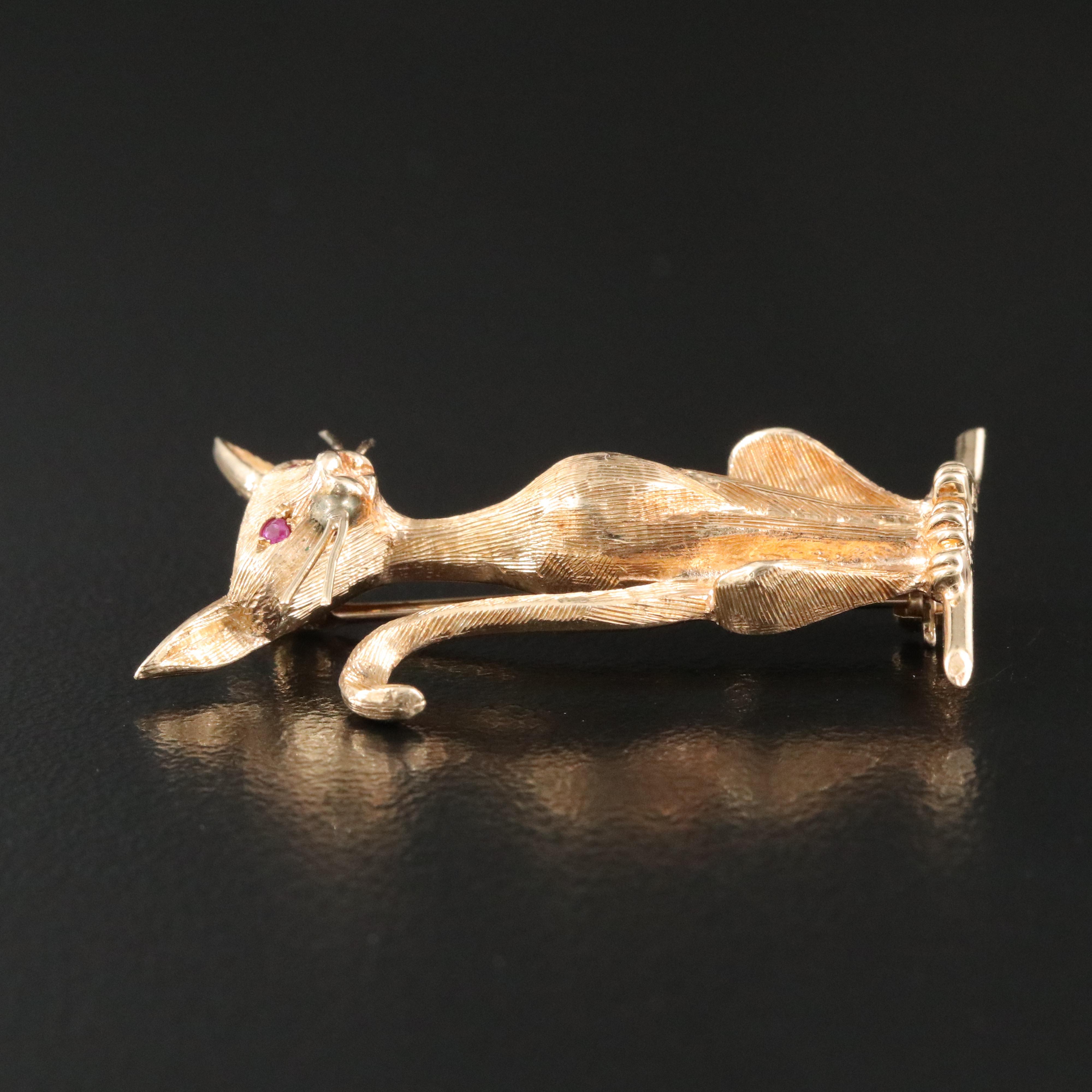 1960s 14K Cat Brooch with Ruby Eyes