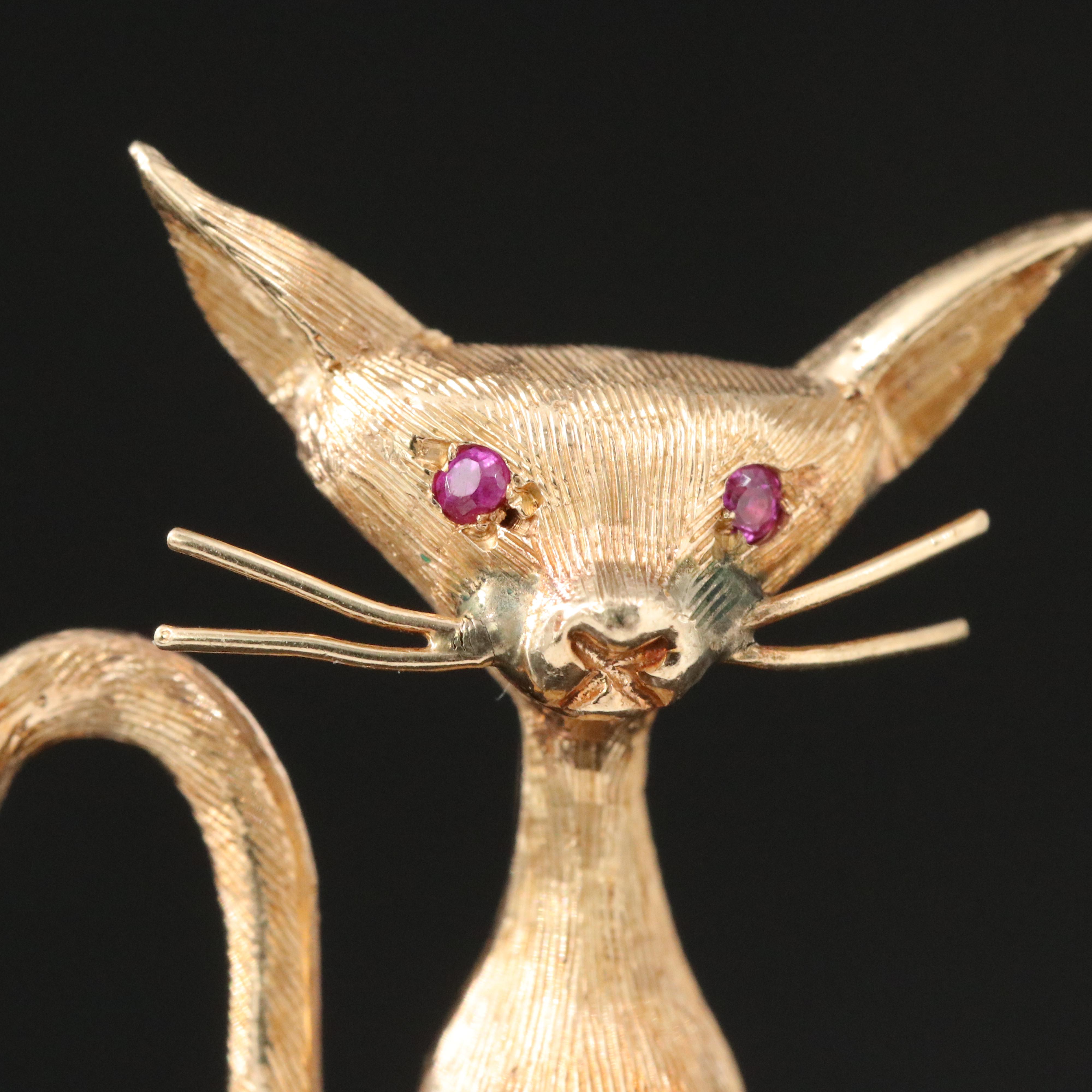 1960s 14K Cat Brooch with Ruby Eyes