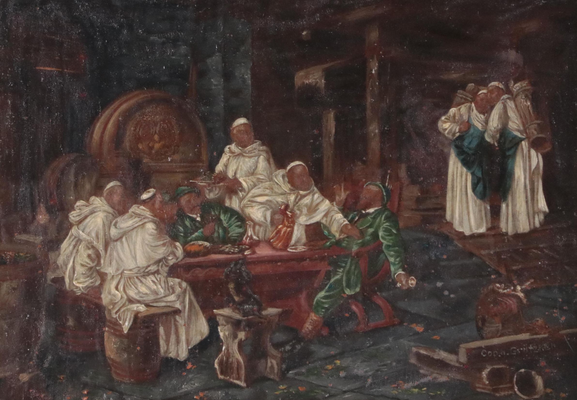 Genre Oil Painting after Eduard von Grützner's "Die Weinprobe"