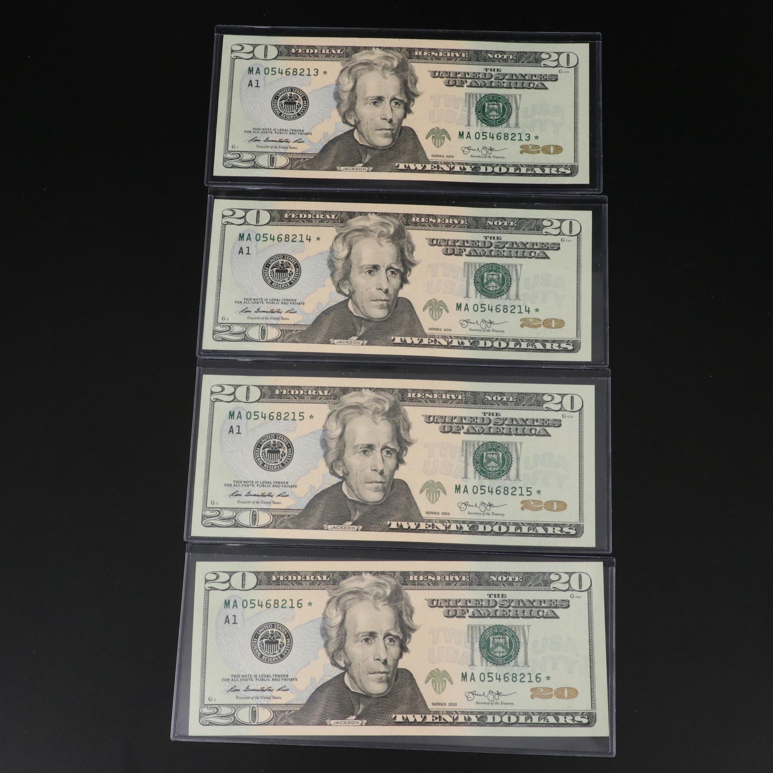 Four 2013 Federal Reserve 20 Dollar Star Notes with Consecutive Serial Numbers