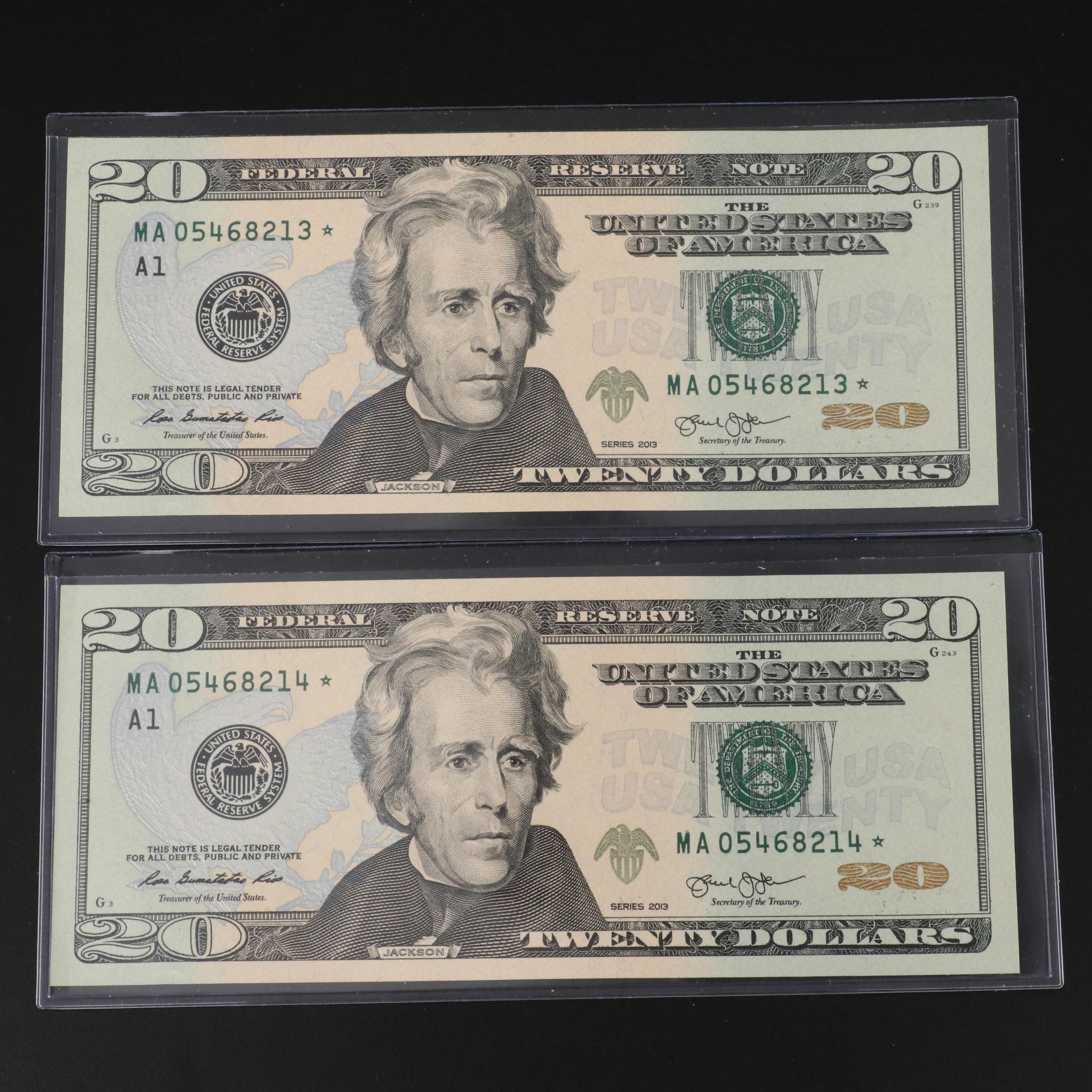 Four 2013 Federal Reserve 20 Dollar Star Notes with Consecutive Serial Numbers