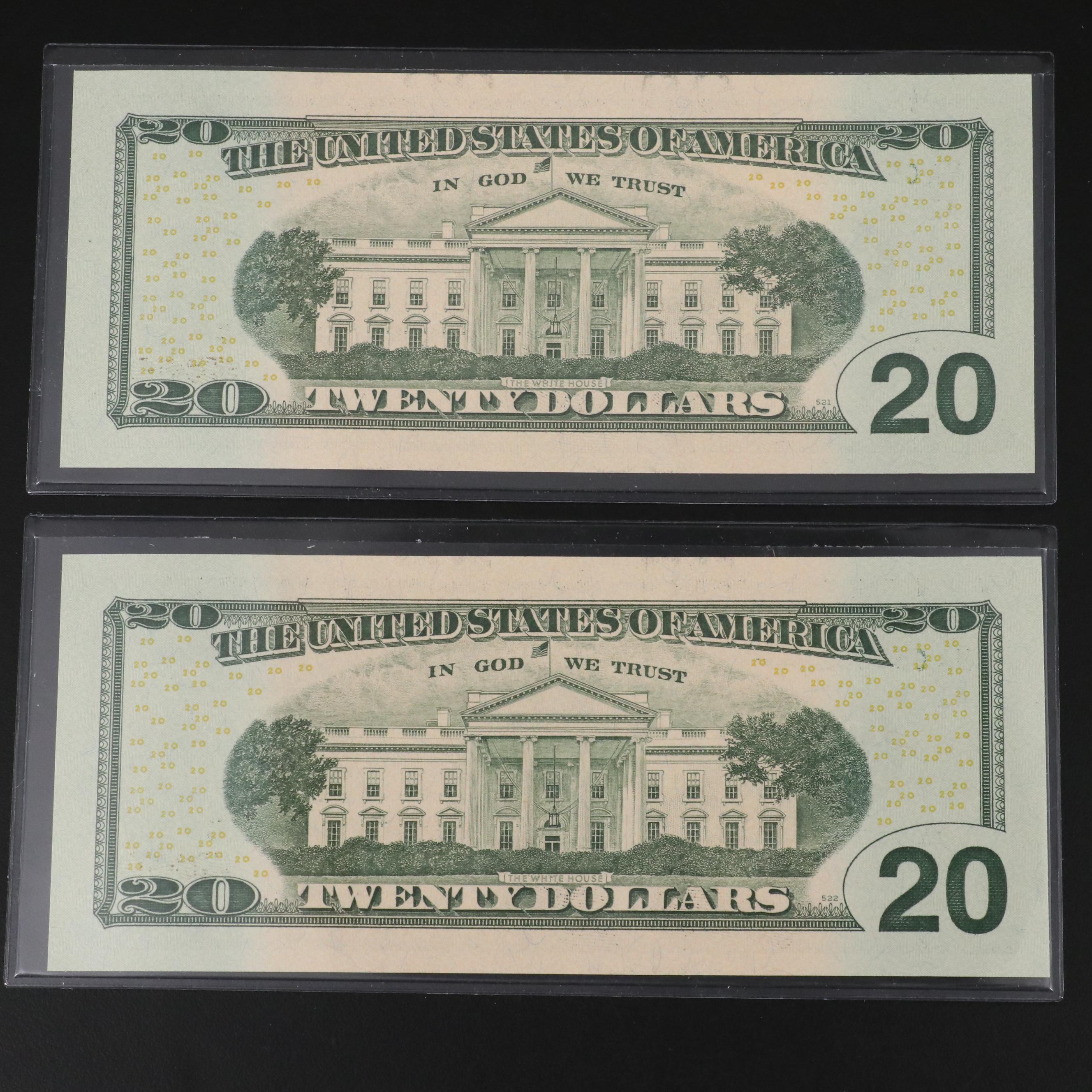 Four 2013 Federal Reserve 20 Dollar Star Notes with Consecutive Serial Numbers