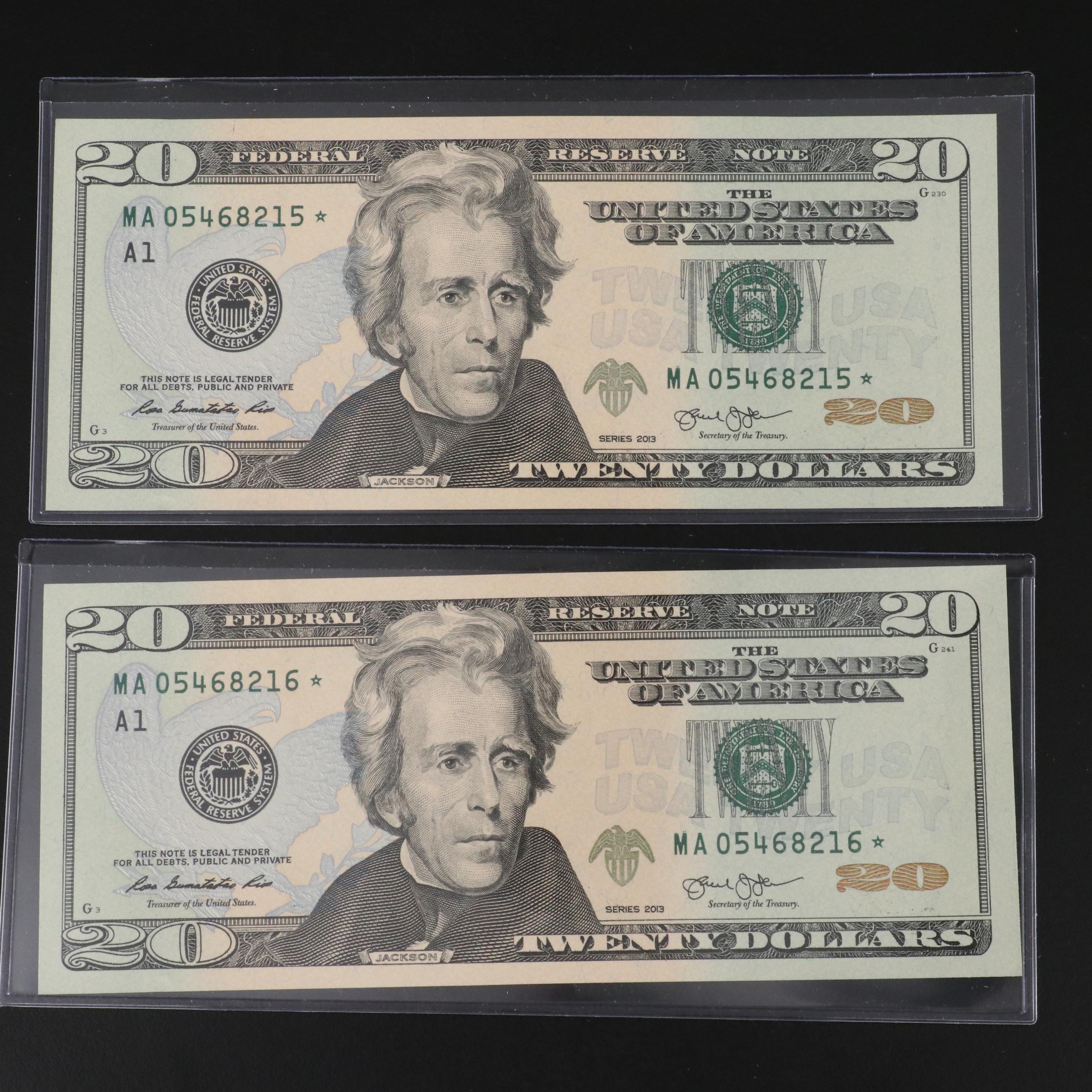 Four 2013 Federal Reserve 20 Dollar Star Notes with Consecutive Serial Numbers
