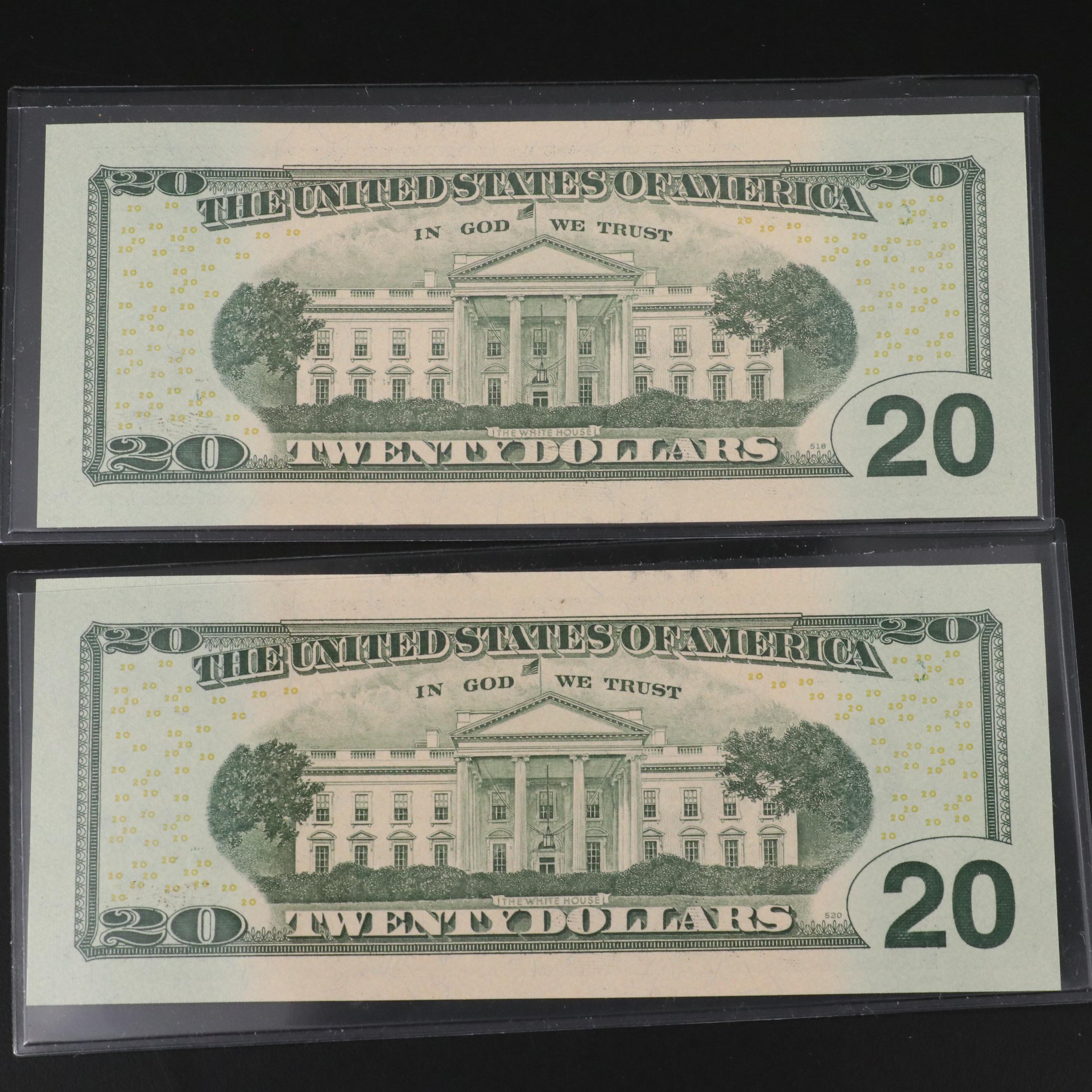Four 2013 Federal Reserve 20 Dollar Star Notes with Consecutive Serial Numbers
