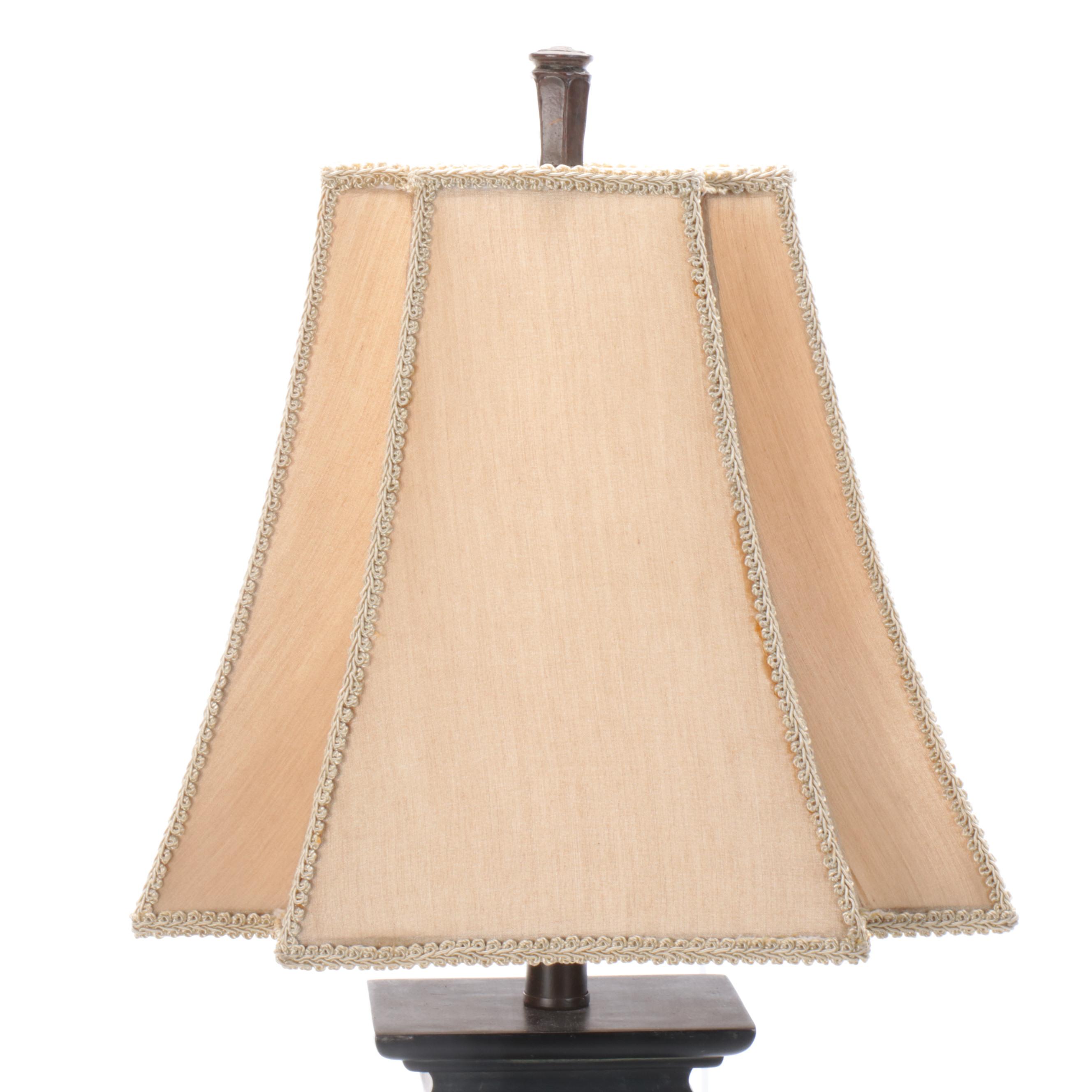 Pair of Cast Resin and Painted Table Lamps with Silk and Linen Shades, 21st C.