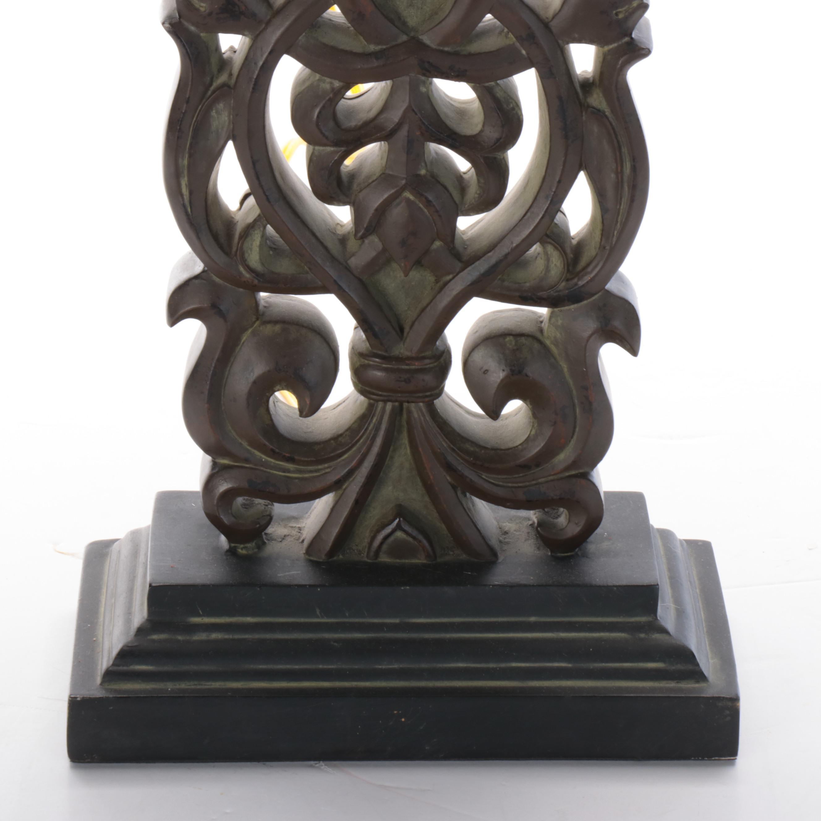 Pair of Cast Resin and Painted Table Lamps with Silk and Linen Shades, 21st C.