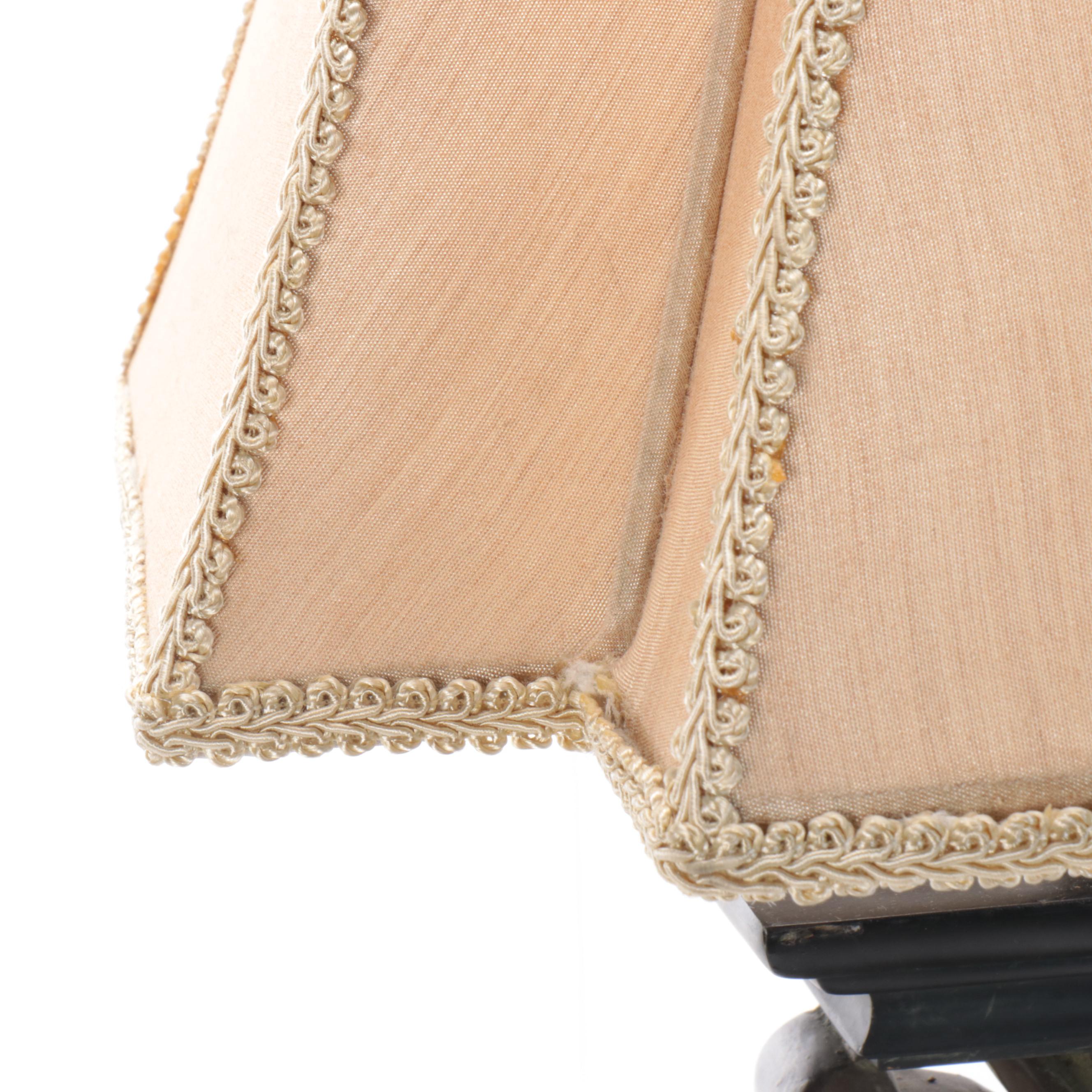 Pair of Cast Resin and Painted Table Lamps with Silk and Linen Shades, 21st C.