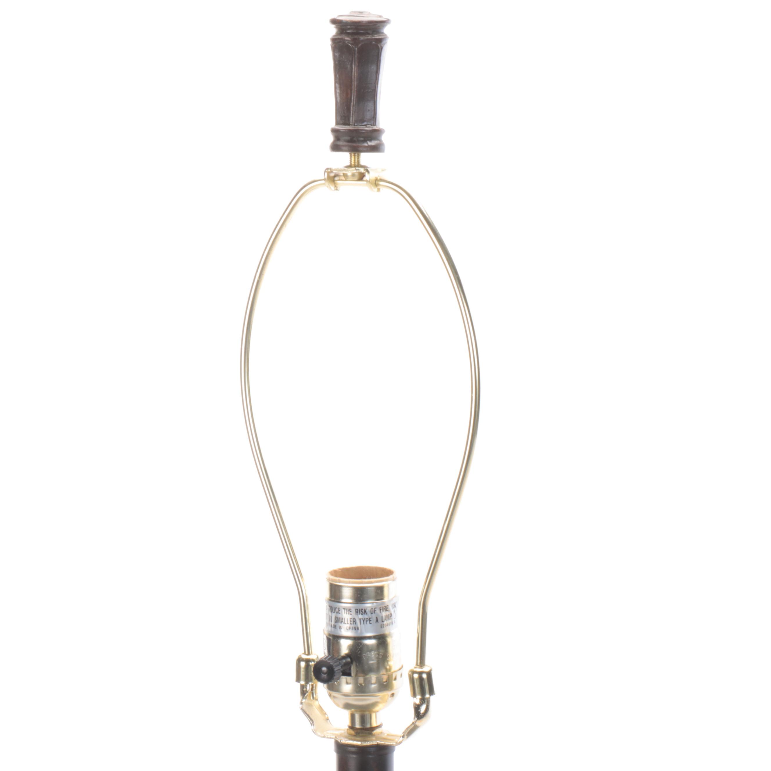 Pair of Cast Resin and Painted Table Lamps with Silk and Linen Shades, 21st C.