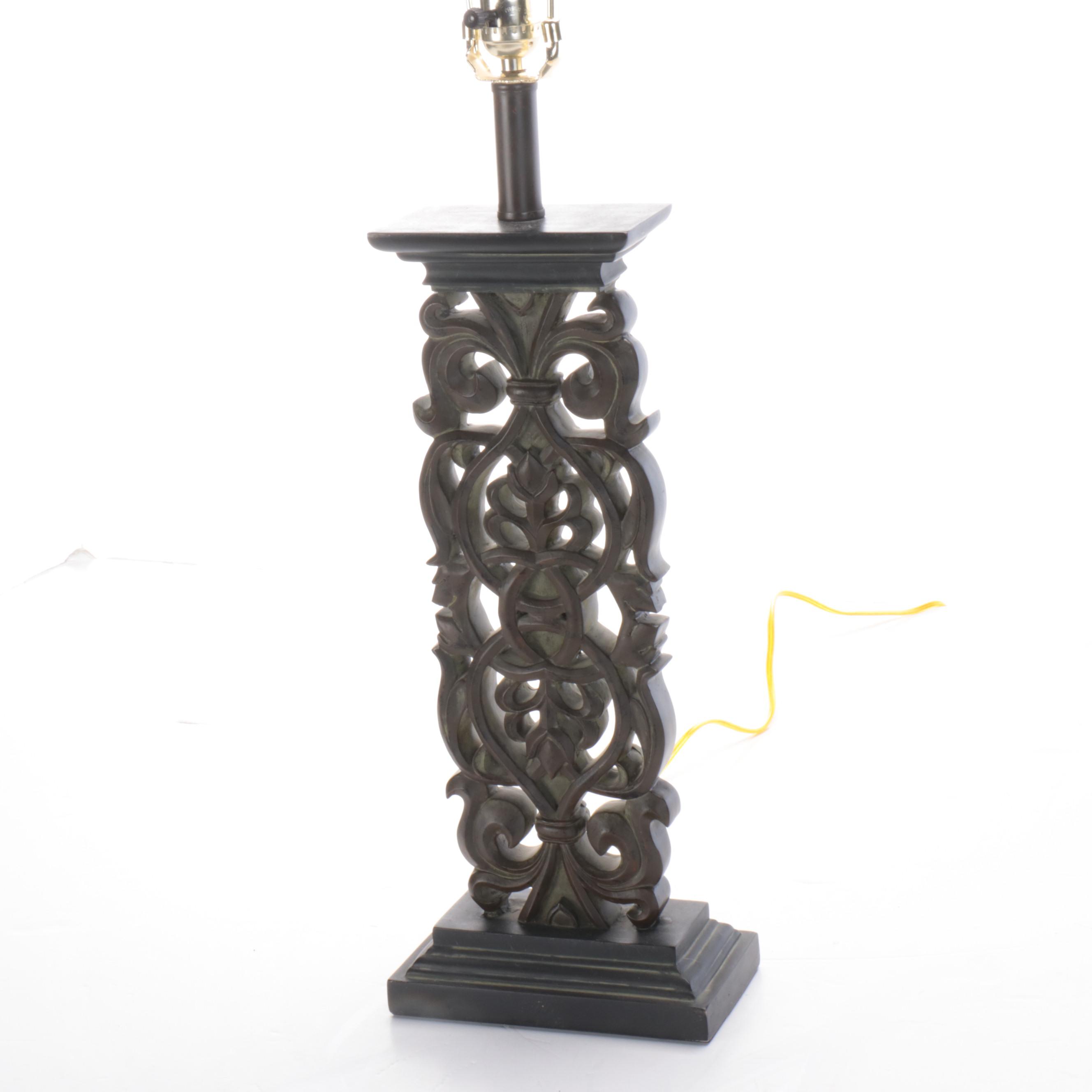 Pair of Cast Resin and Painted Table Lamps with Silk and Linen Shades, 21st C.