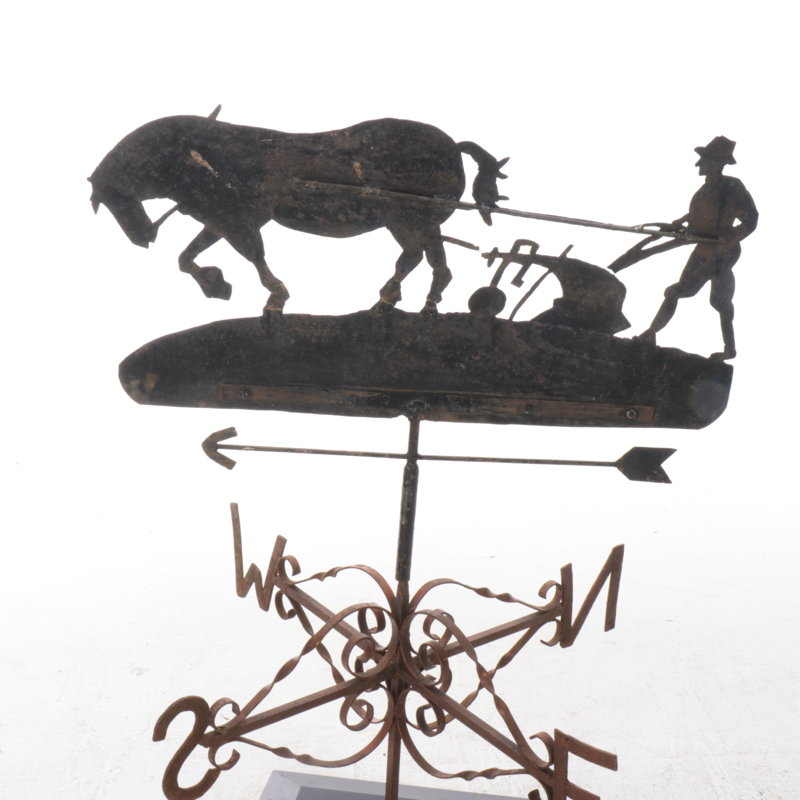 Farming Motif Metal Weather Vane with Ebonized Wood Base
