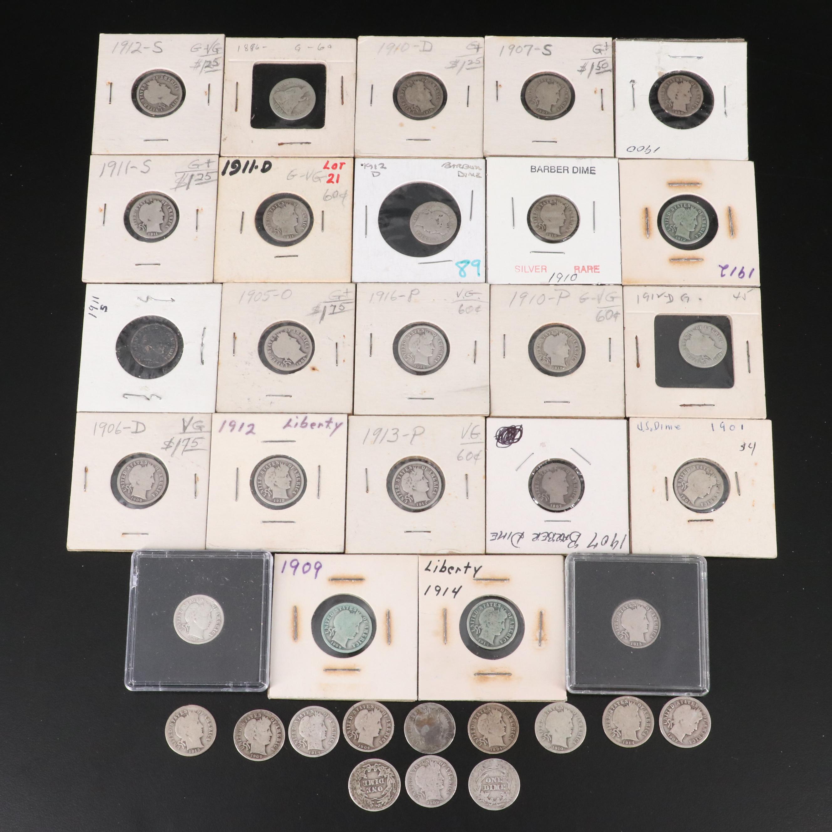 Group of Thirty-Seven Barber Dimes and an 1886 Seated Liberty Dime