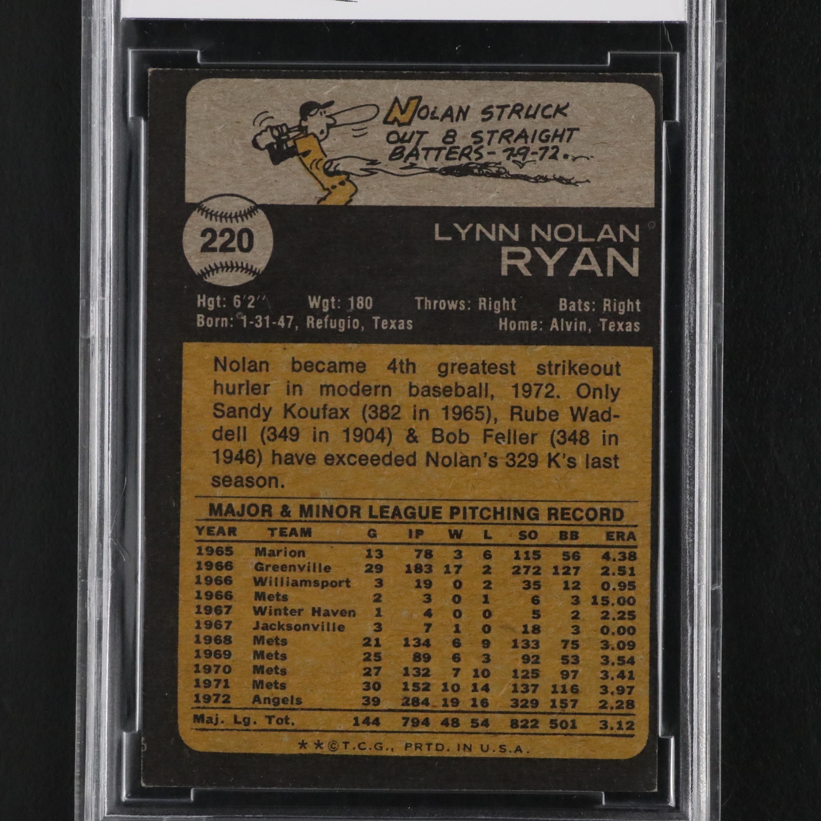 1973 Topps Nolan Ryan California Angels Baseball Card #220 Graded BCCG 8