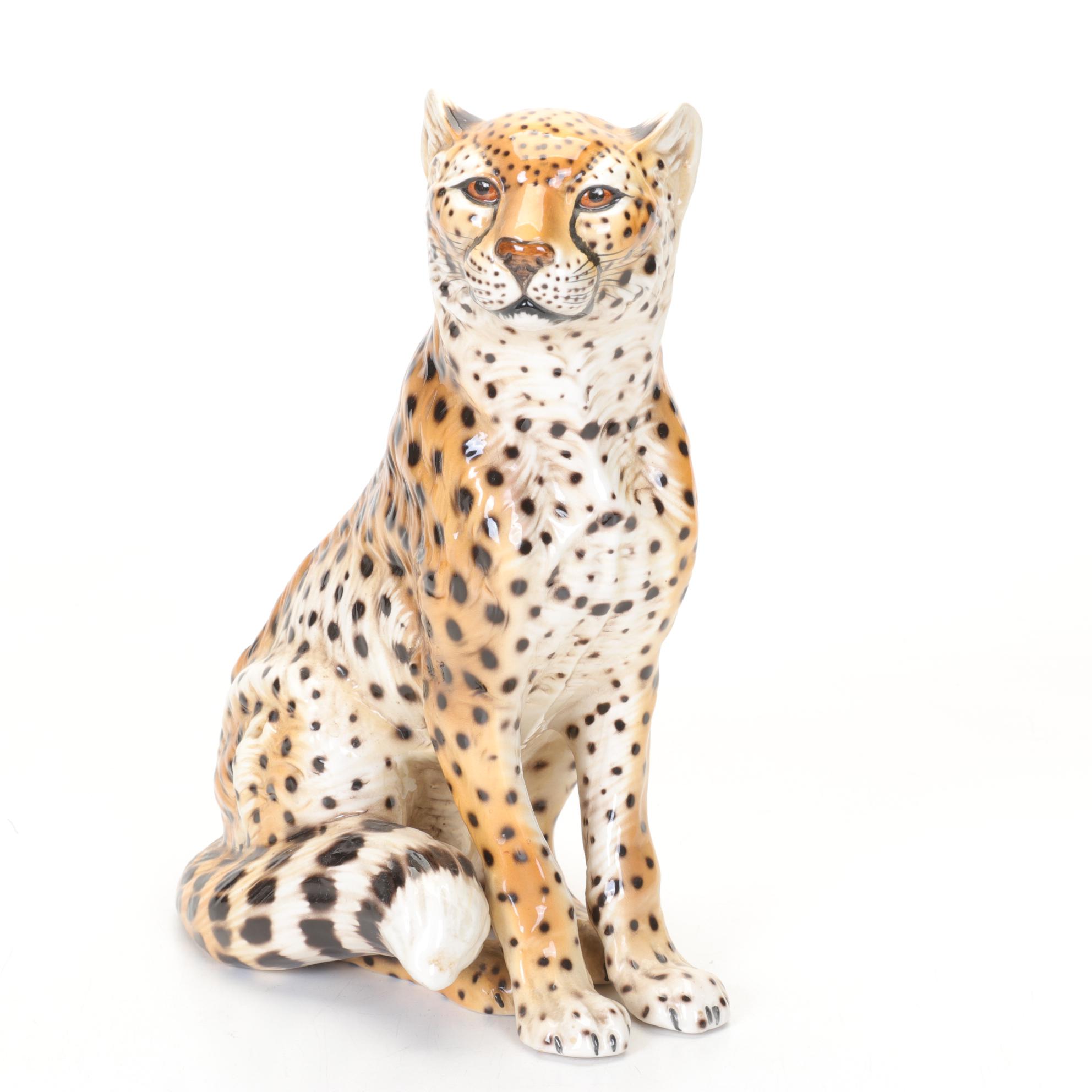 Ronzan Italian Hand-Painted Ceramic Cheetah Figure, Mid to Late 20th Century