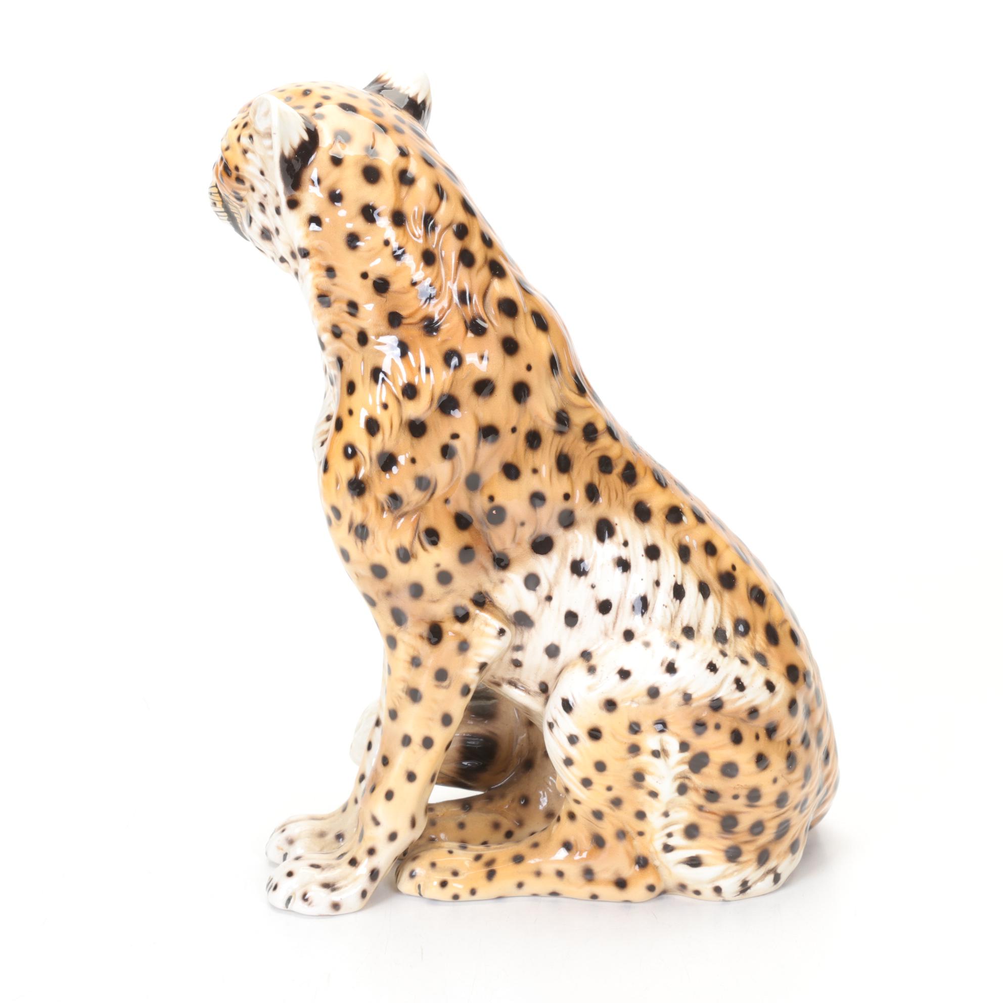 Ronzan Italian Hand-Painted Ceramic Cheetah Figure, Mid to Late 20th Century