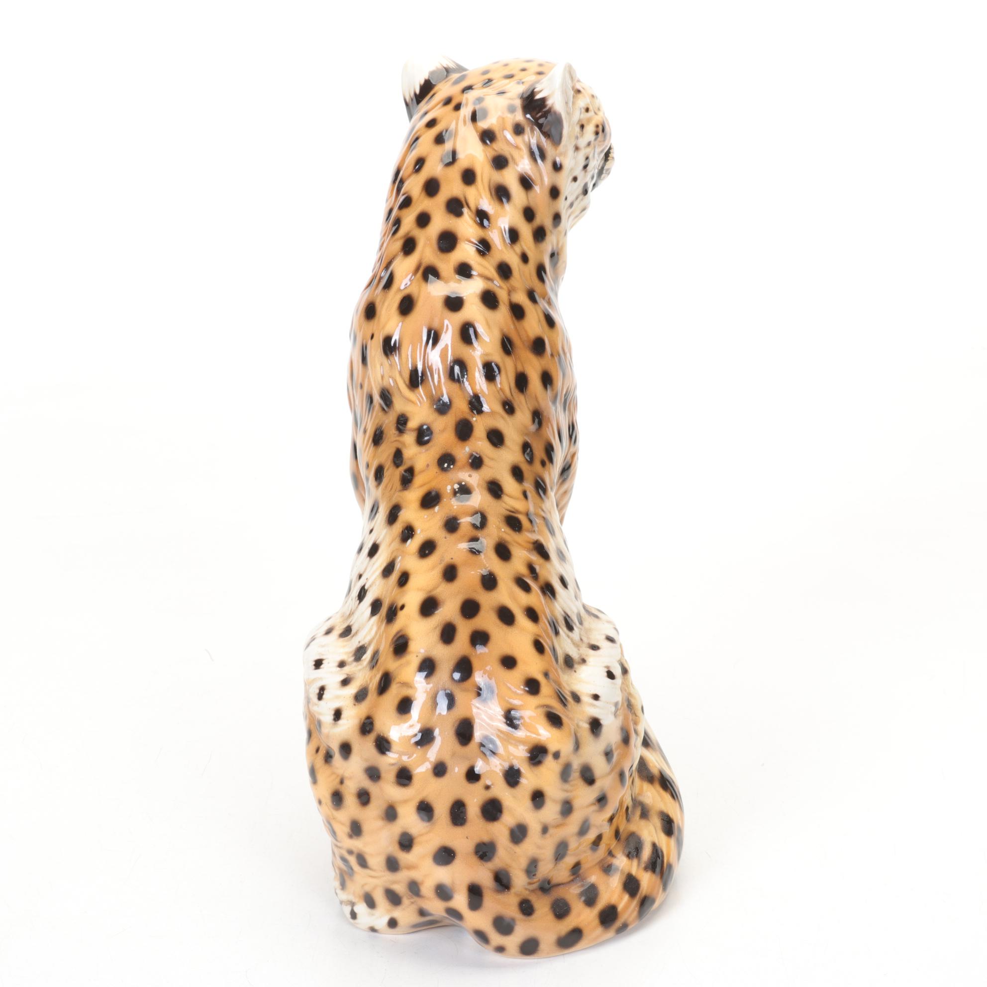 Ronzan Italian Hand-Painted Ceramic Cheetah Figure, Mid to Late 20th Century