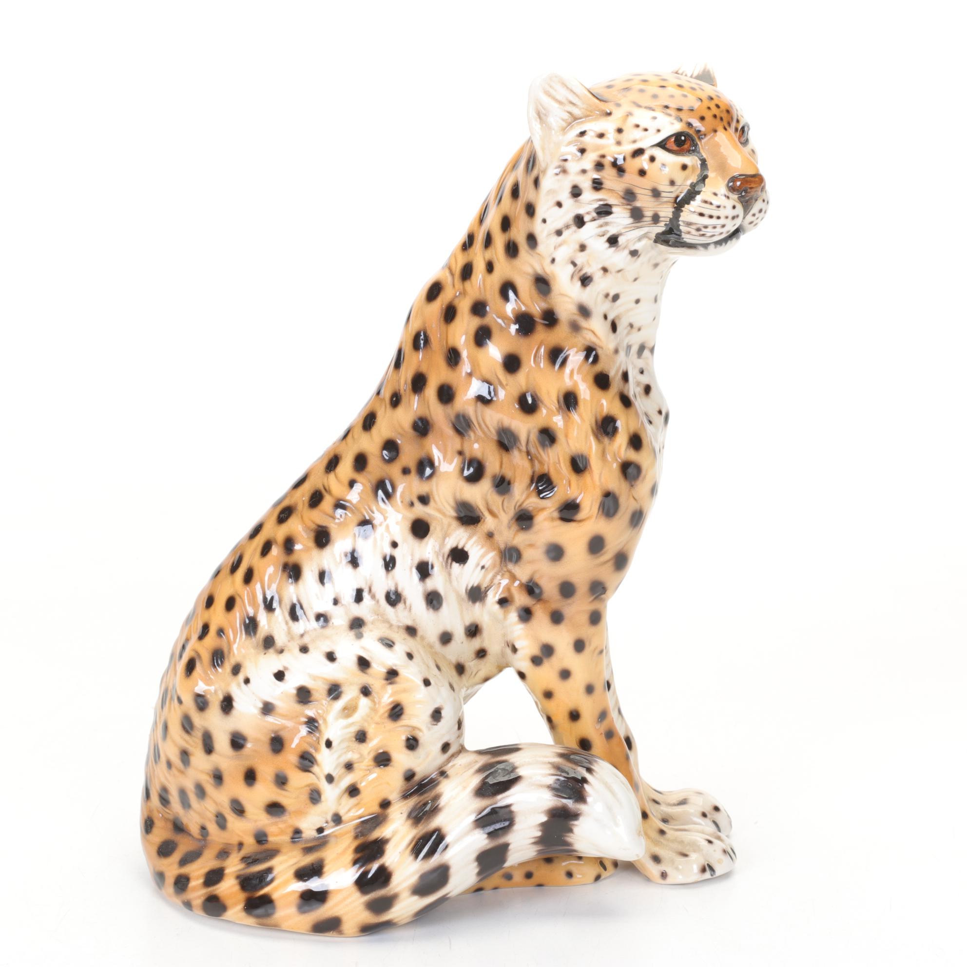 Ronzan Italian Hand-Painted Ceramic Cheetah Figure, Mid to Late 20th Century