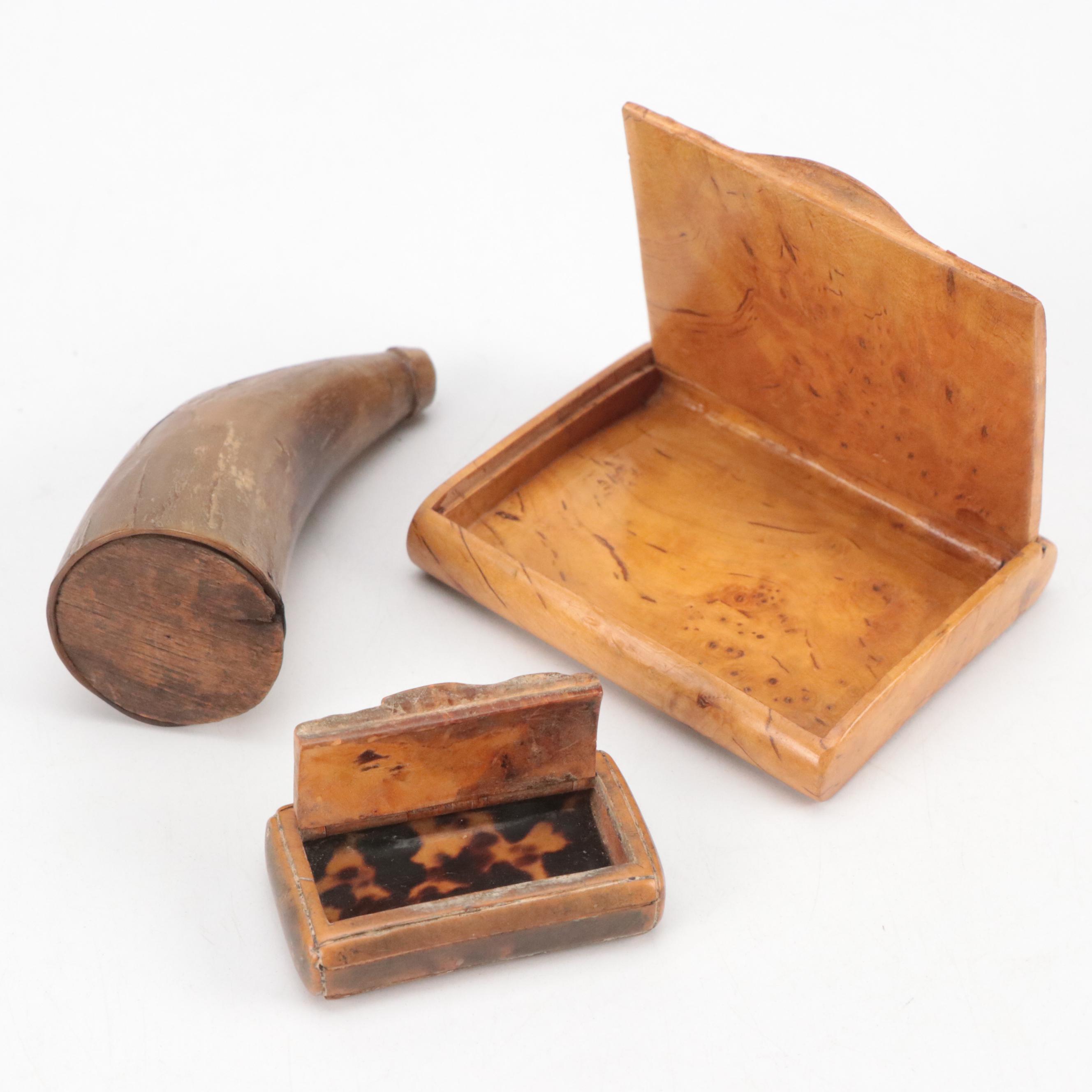 Wooden and Tortoise Shell Boxes with Powder Horn