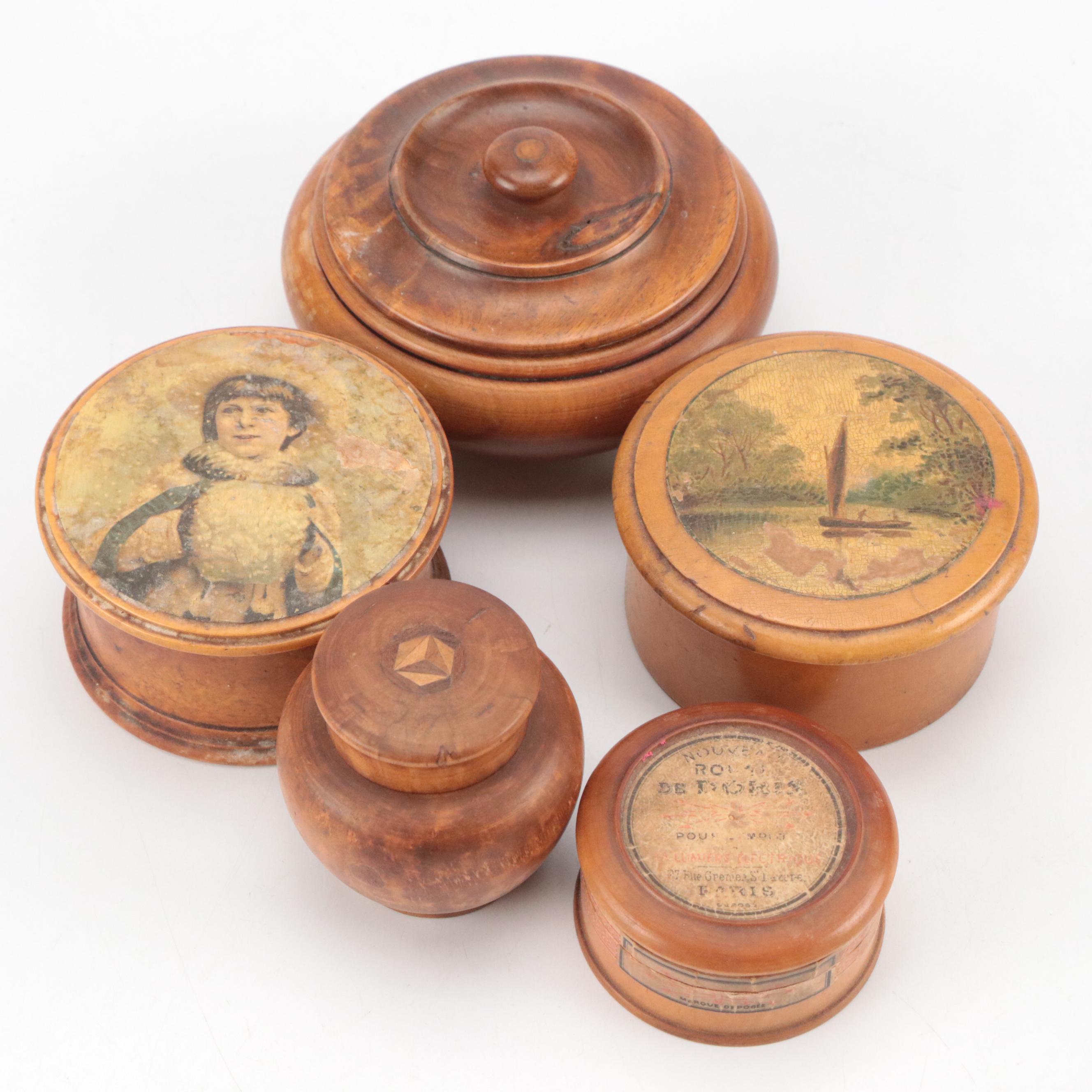English, French and American Burl Wood and Other Treenware Lidded Boxes