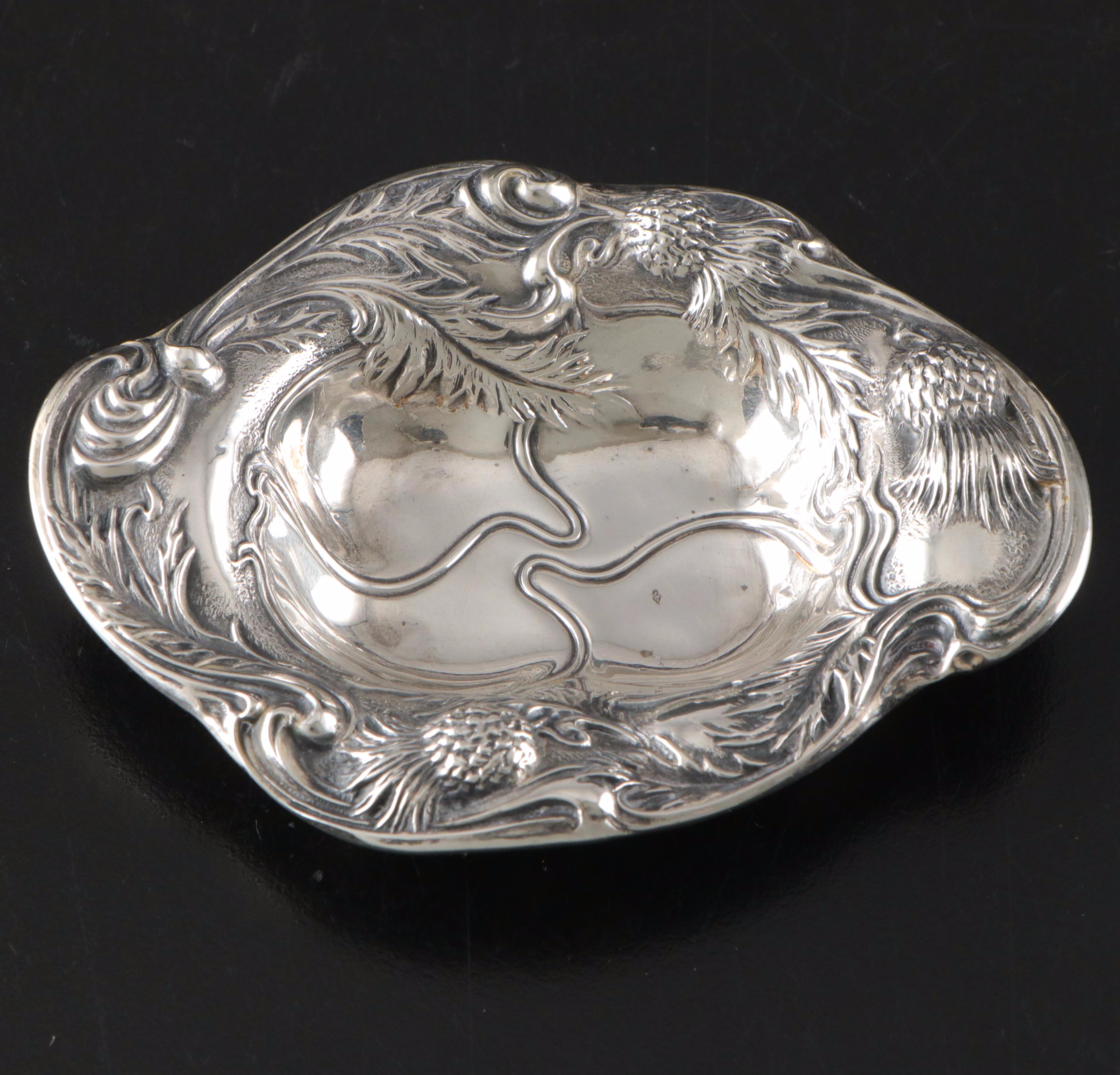 Webster Art Nouveau Thistle Sterling Pin Tray with Engraved Sterling Silver Mugs