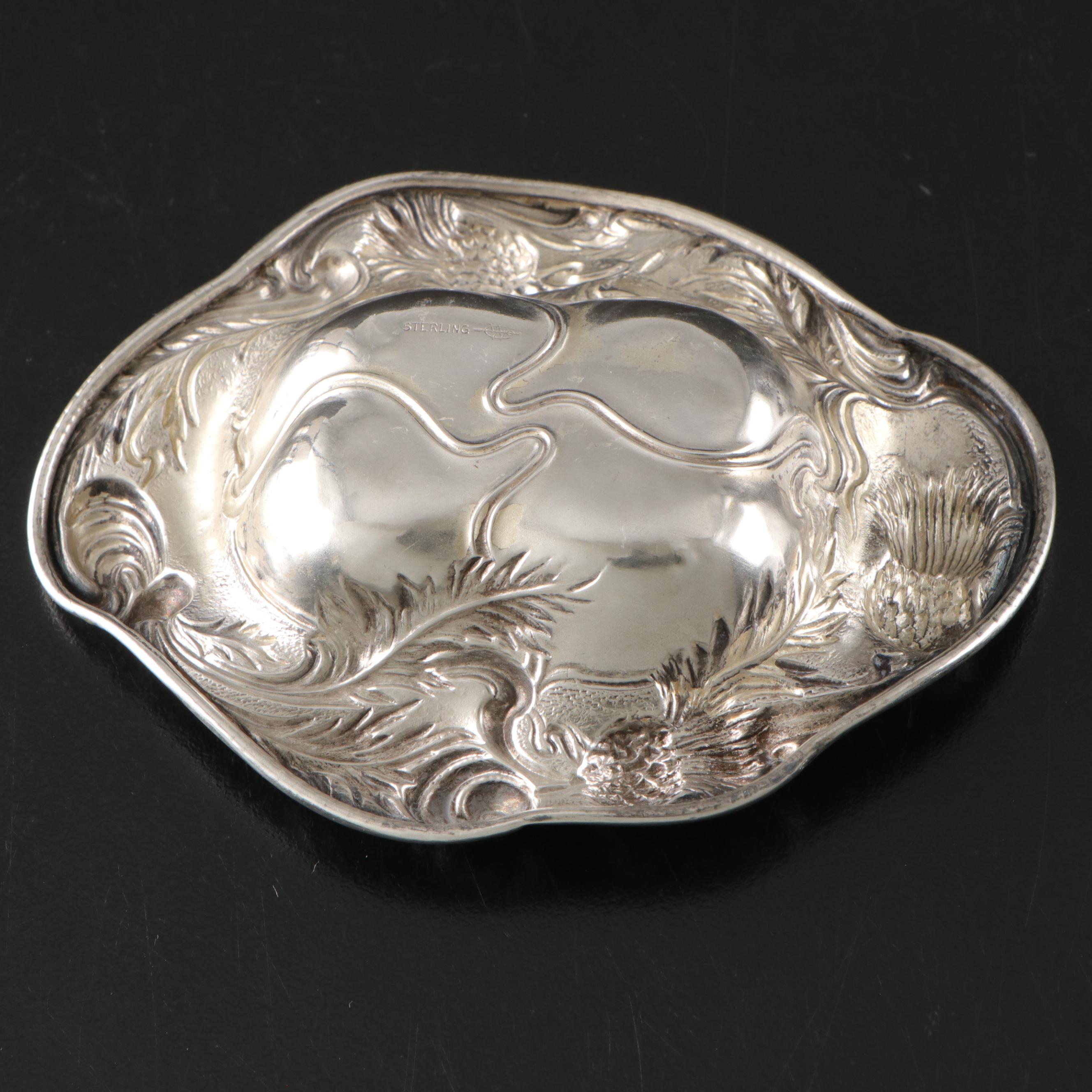 Webster Art Nouveau Thistle Sterling Pin Tray with Engraved Sterling Silver Mugs