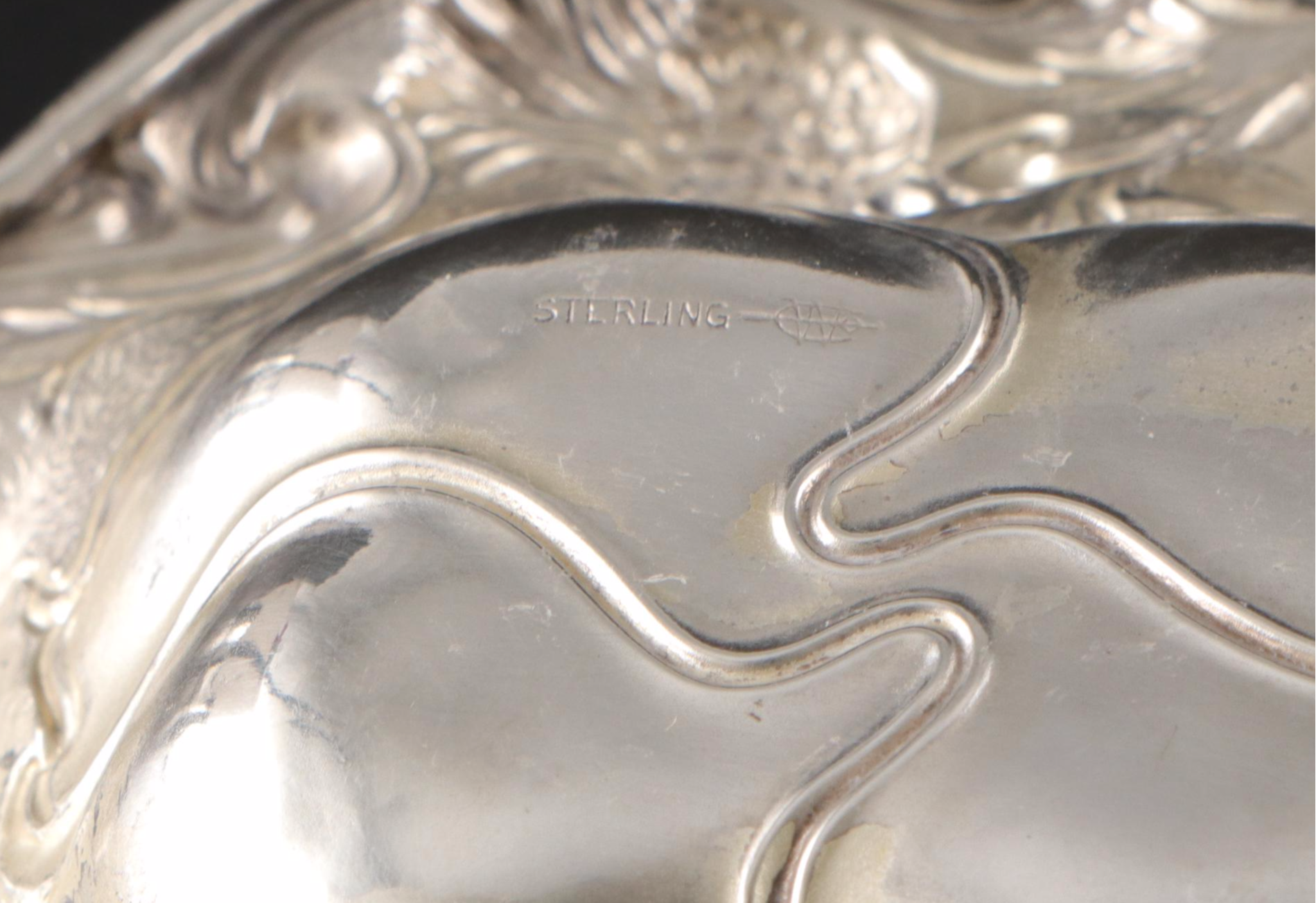 Webster Art Nouveau Thistle Sterling Pin Tray with Engraved Sterling Silver Mugs