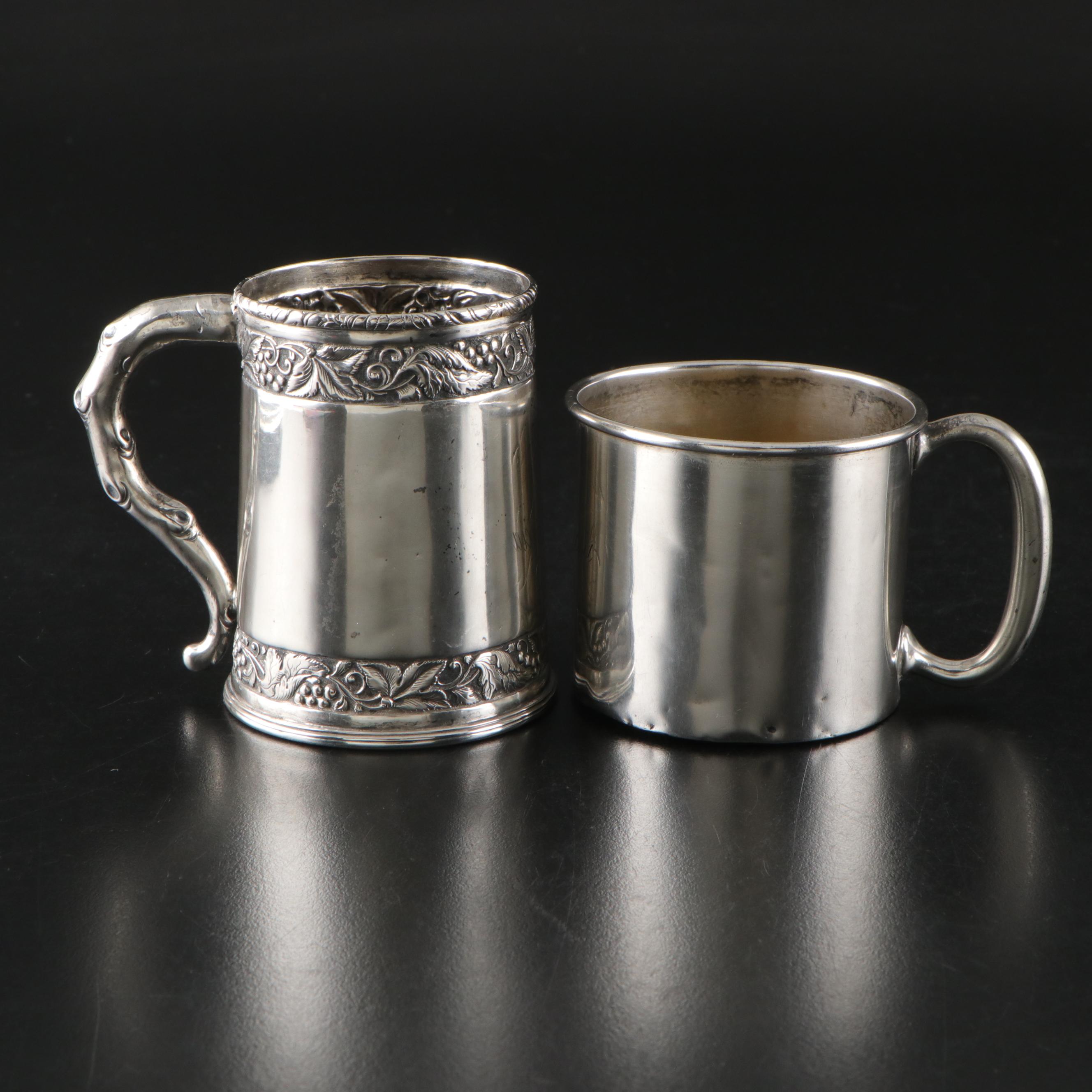Webster Art Nouveau Thistle Sterling Pin Tray with Engraved Sterling Silver Mugs