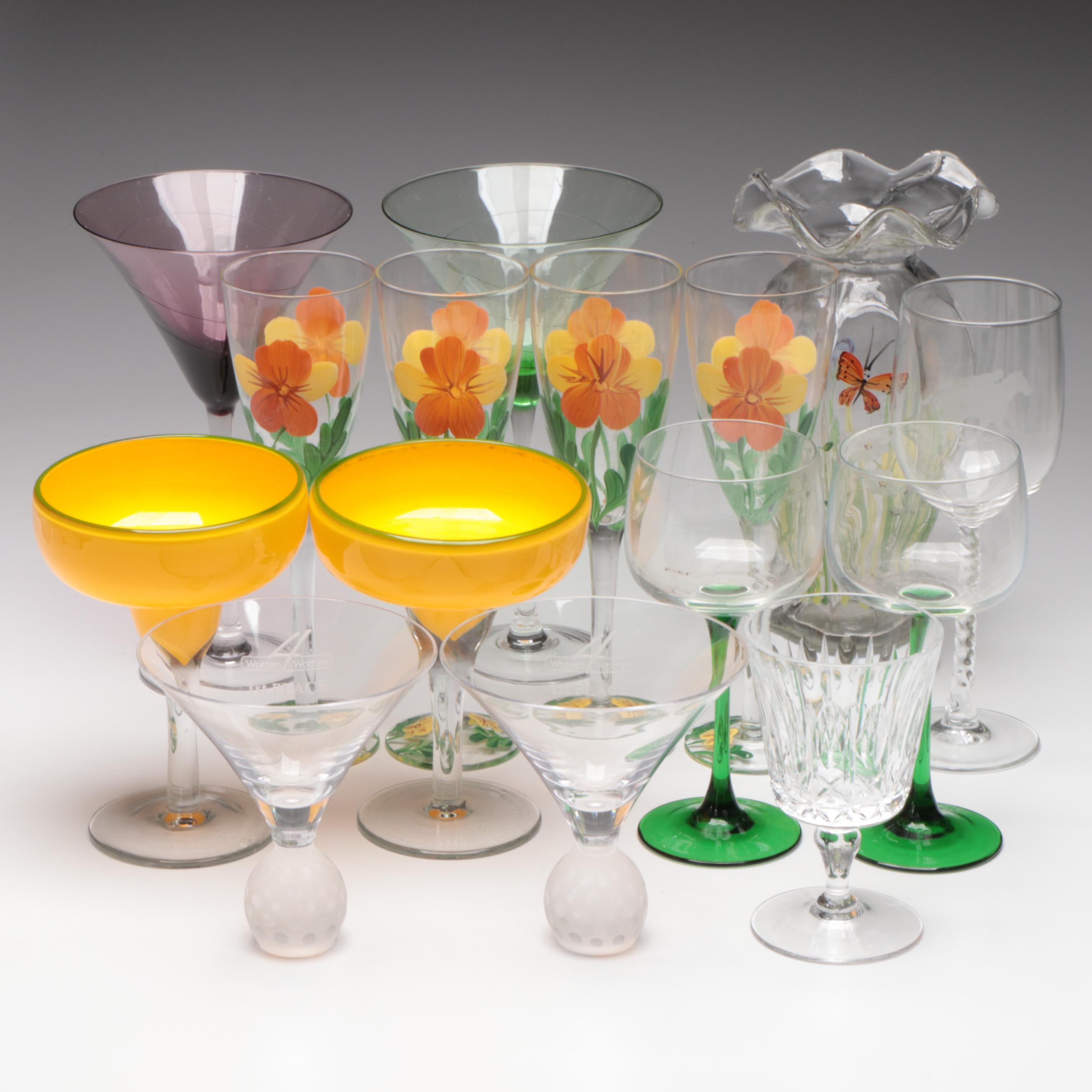 British Richardson "Olive & Cross" Crystal Water Goblet with Other Glassware