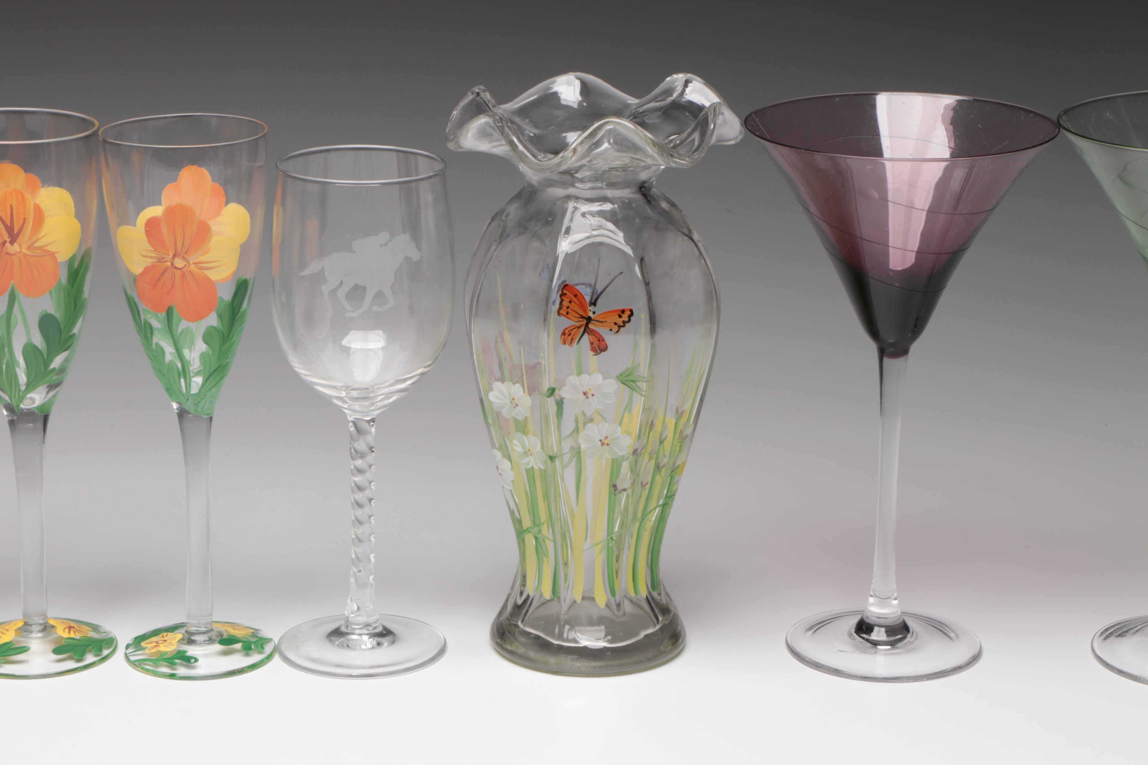 British Richardson "Olive & Cross" Crystal Water Goblet with Other Glassware