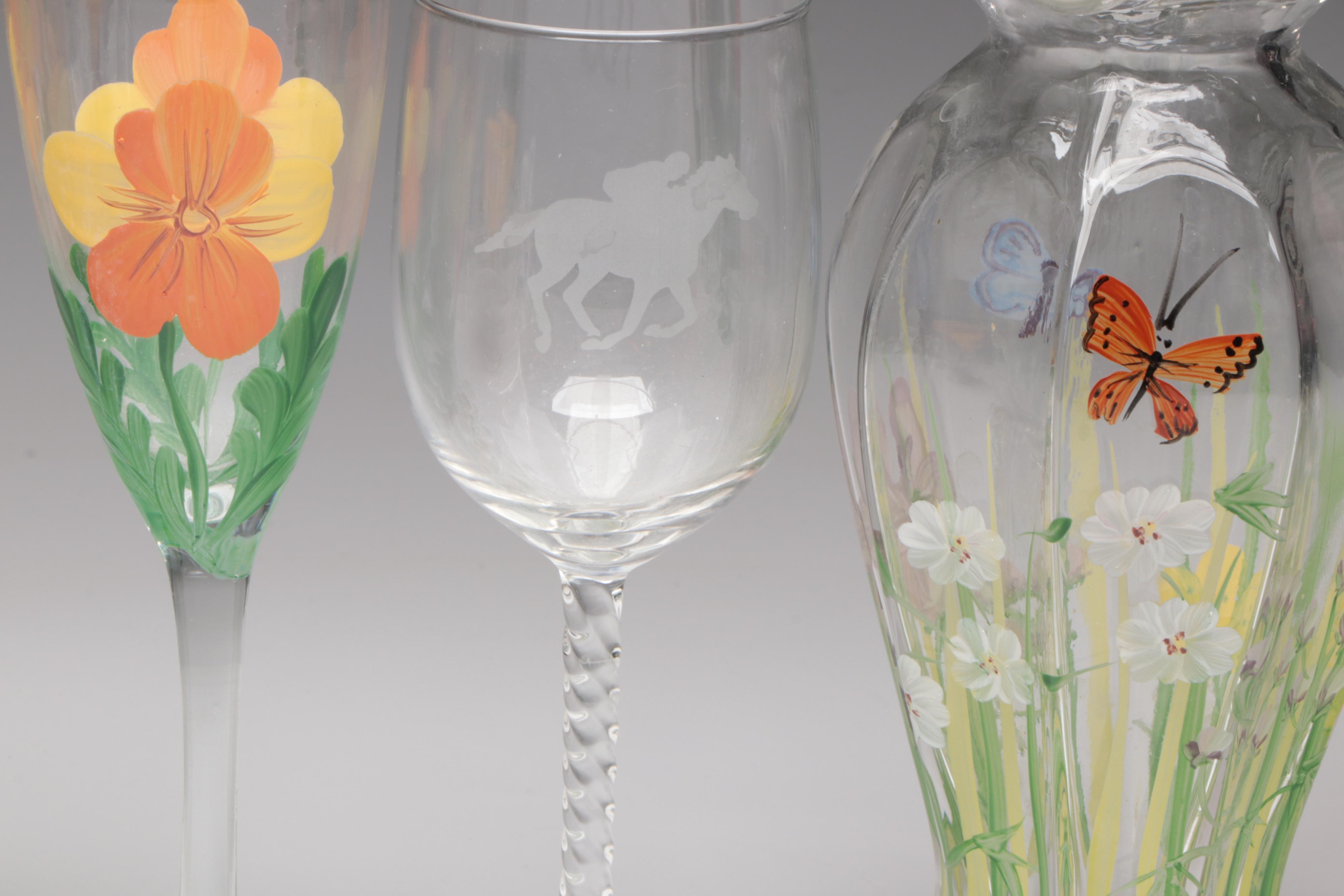 British Richardson "Olive & Cross" Crystal Water Goblet with Other Glassware