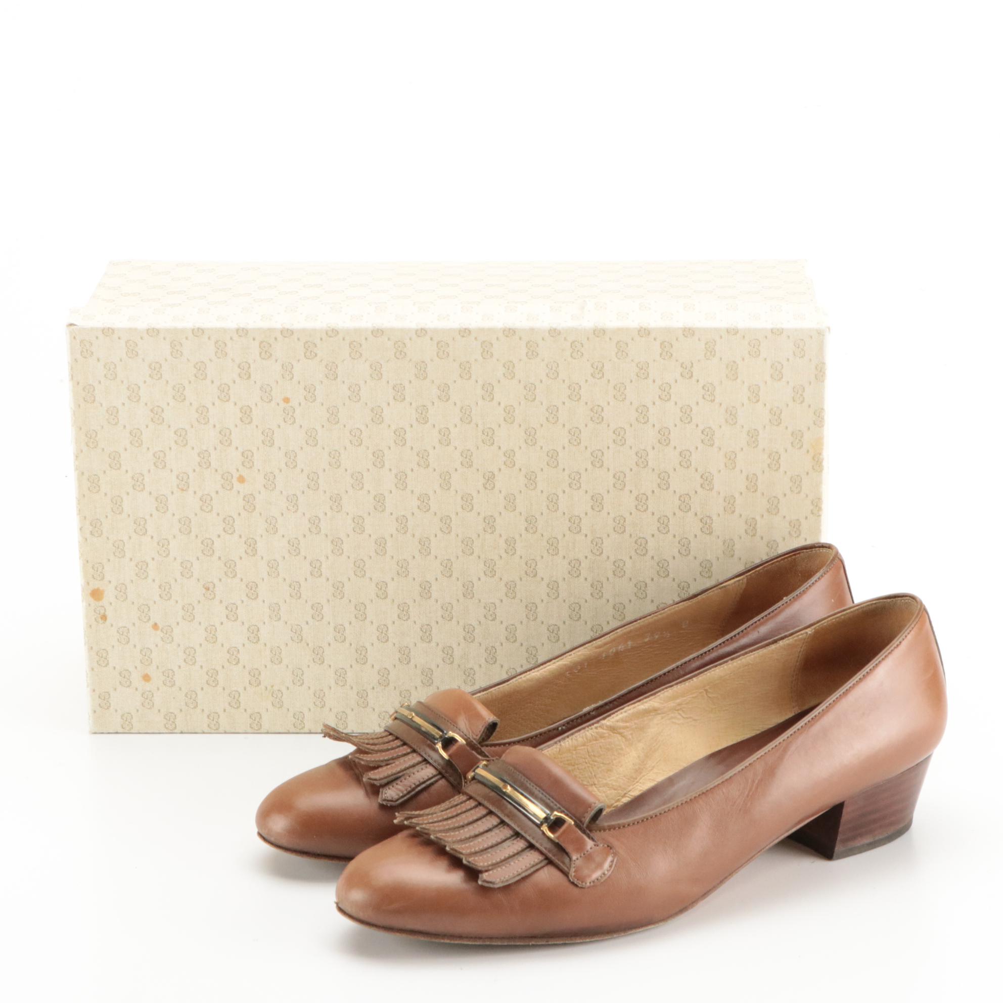 Gucci Horsebit Kiltie Brown Leather Pumps with Box