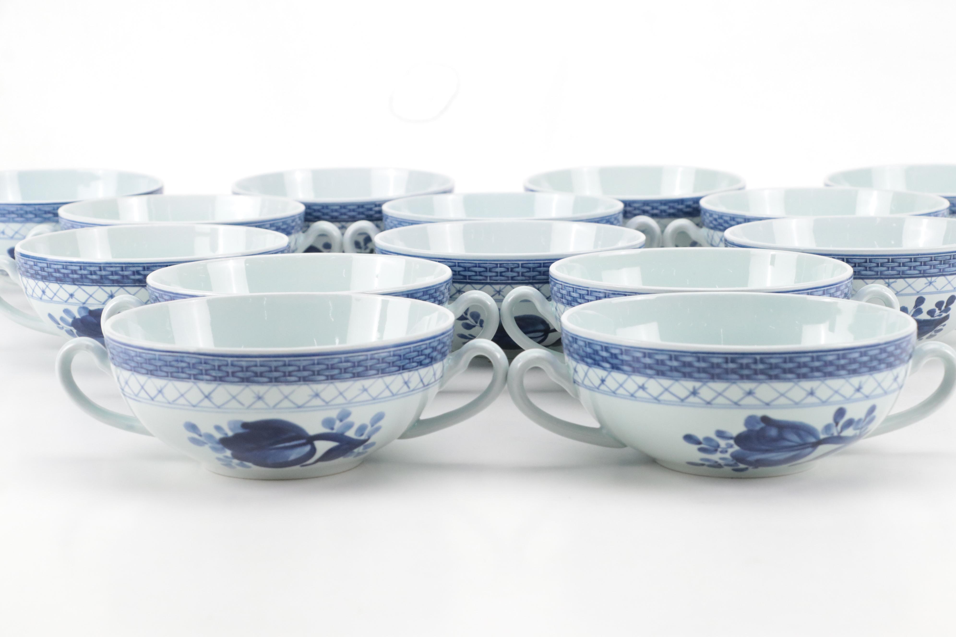 Aluminia Danish Faience Floral Pattern Double Handle Soup Bowls