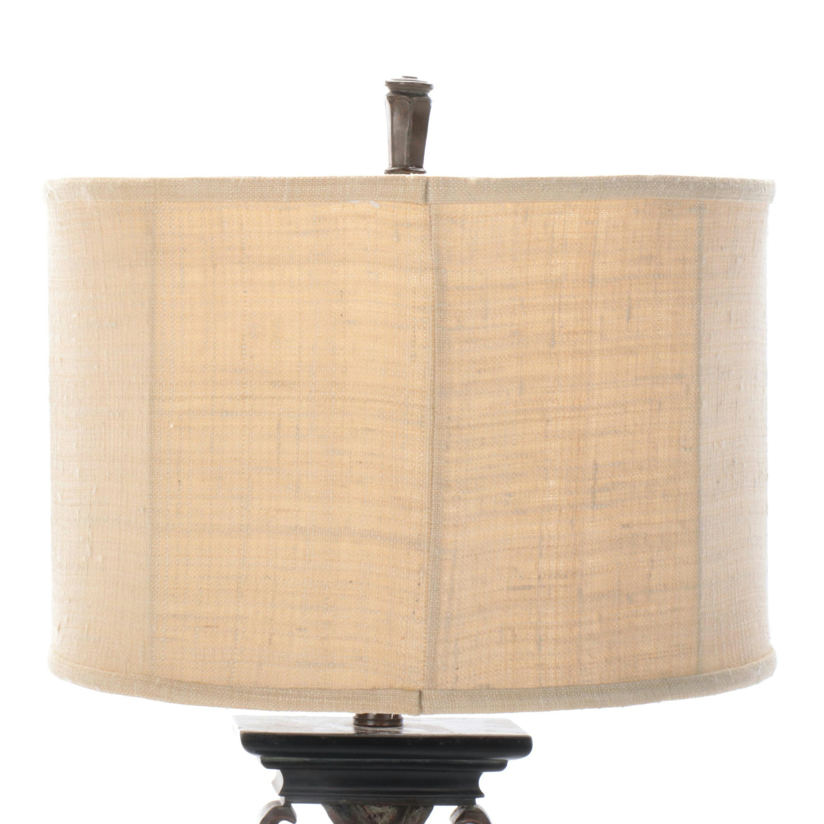 Pair of Cast Resin and Painted Table Lamps with Silk and Linen Shades, 21st C.