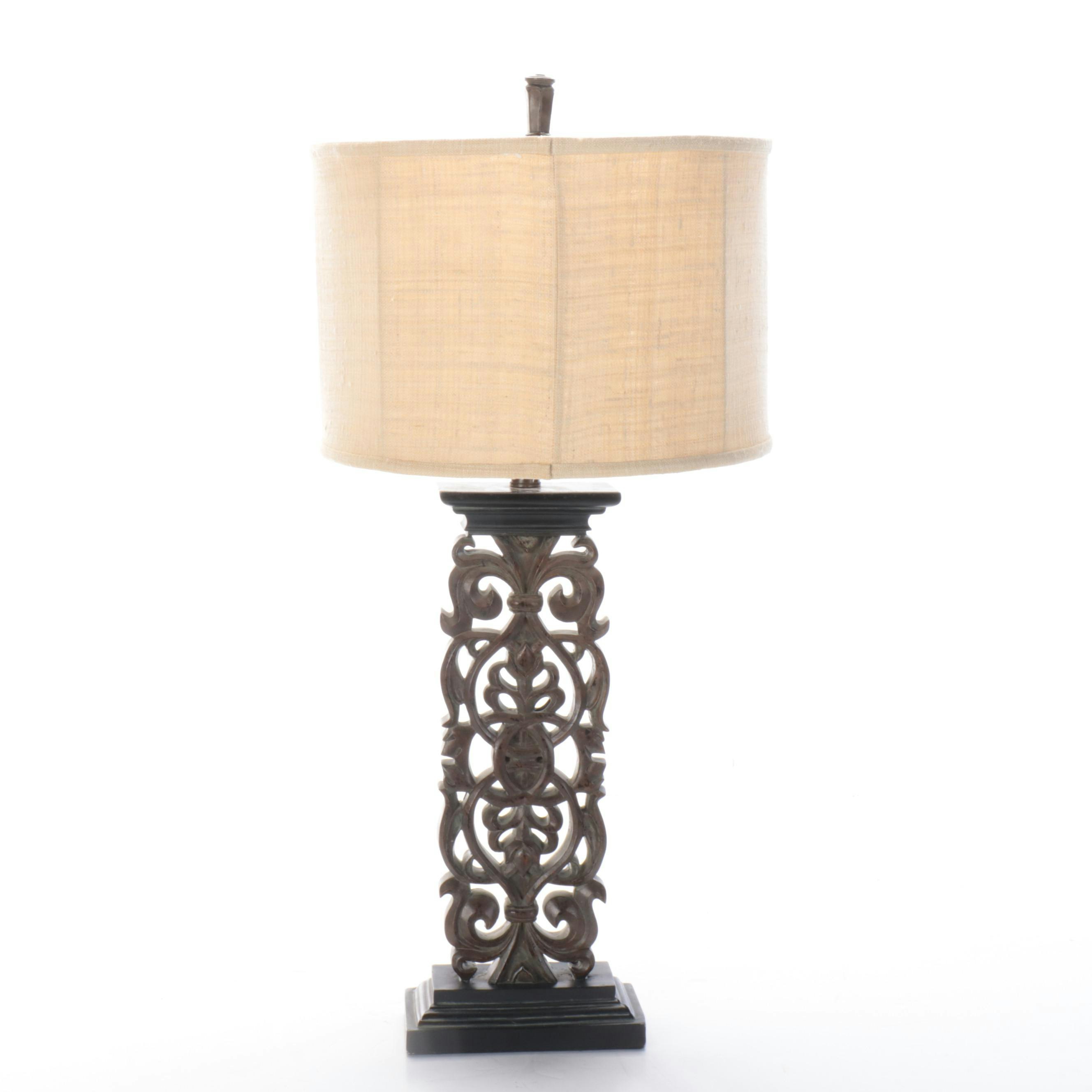 Pair of Cast Resin and Painted Table Lamps with Silk and Linen Shades, 21st C.