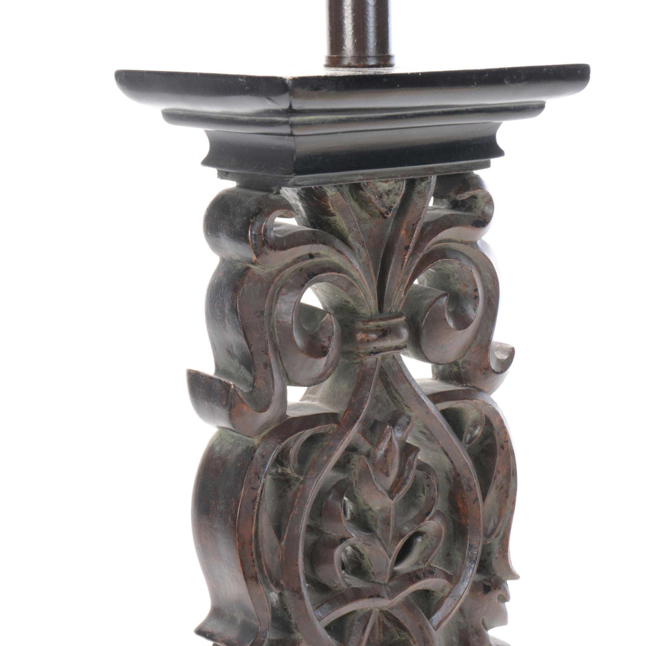 Pair of Cast Resin and Painted Table Lamps with Silk and Linen Shades, 21st C.