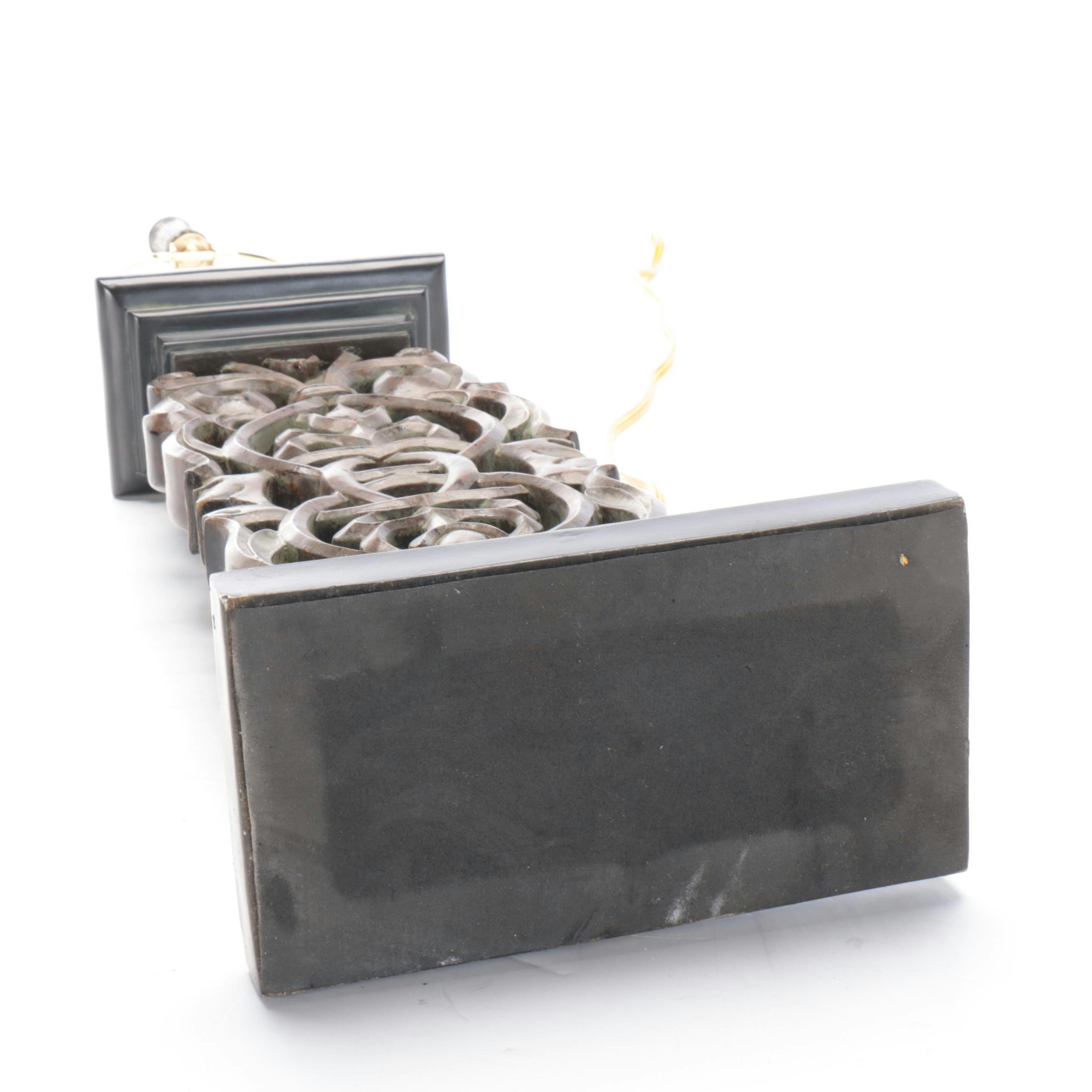 Pair of Cast Resin and Painted Table Lamps with Silk and Linen Shades, 21st C.