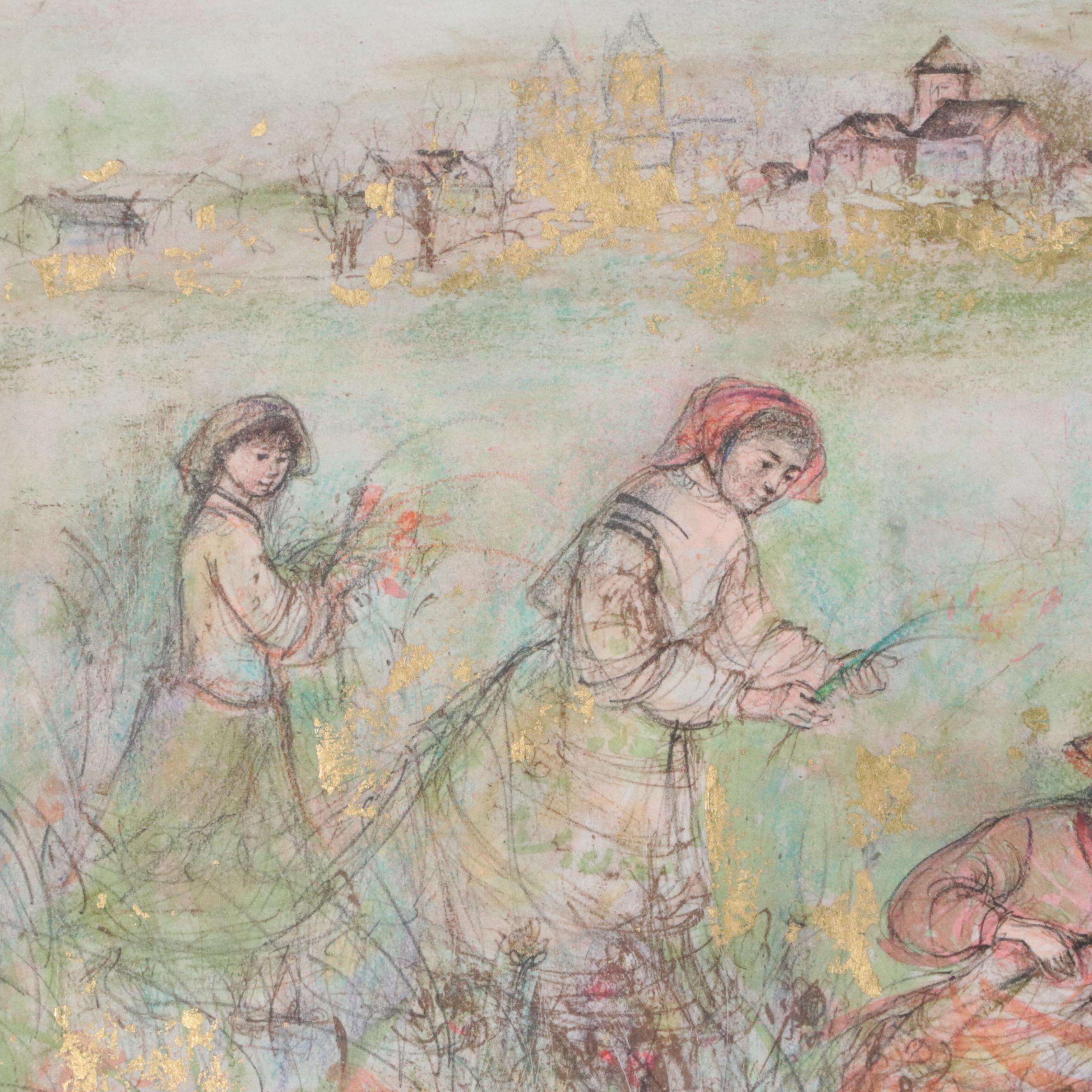 Edna Hibel Lithograph With Pastel and Gold Leaf "Tuscan Fields"