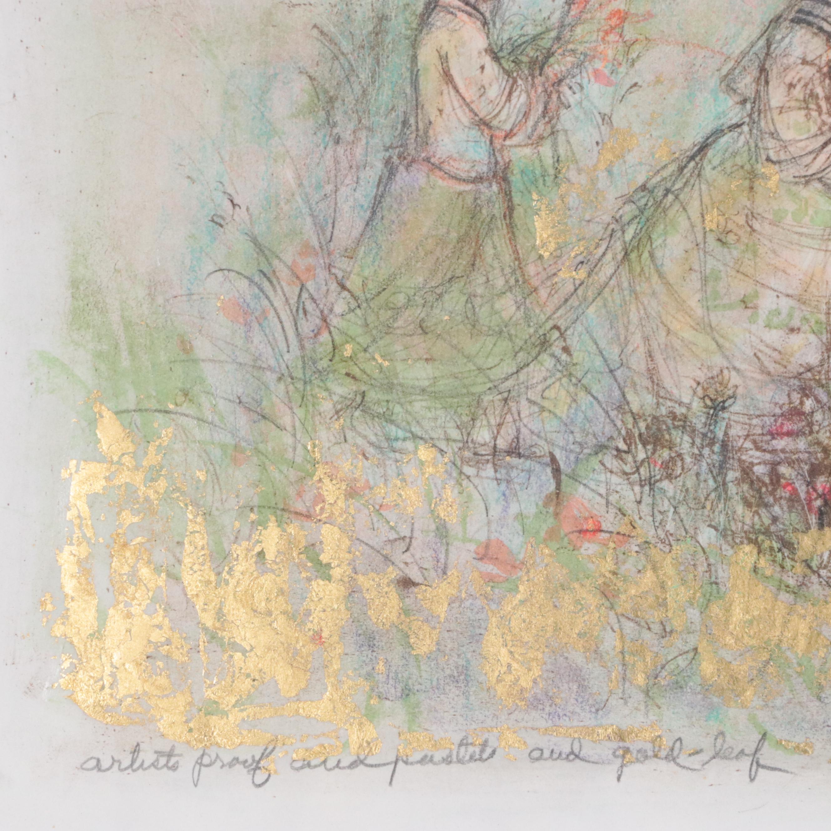 Edna Hibel Lithograph With Pastel and Gold Leaf "Tuscan Fields"