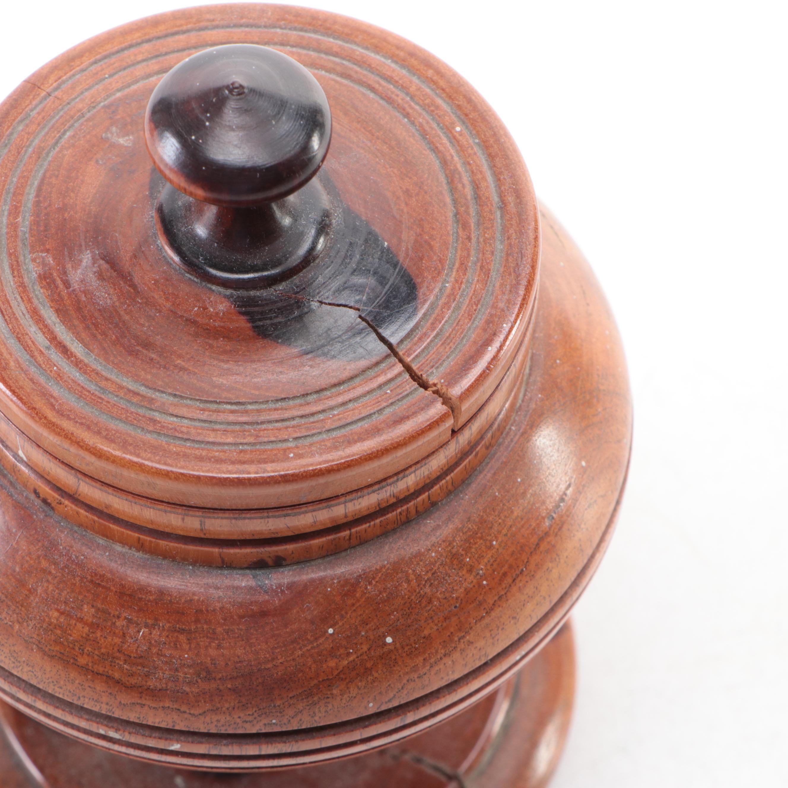 Turned Wood Mortar and Pestle with More Turned Wood Vessels and Lidded Boxes