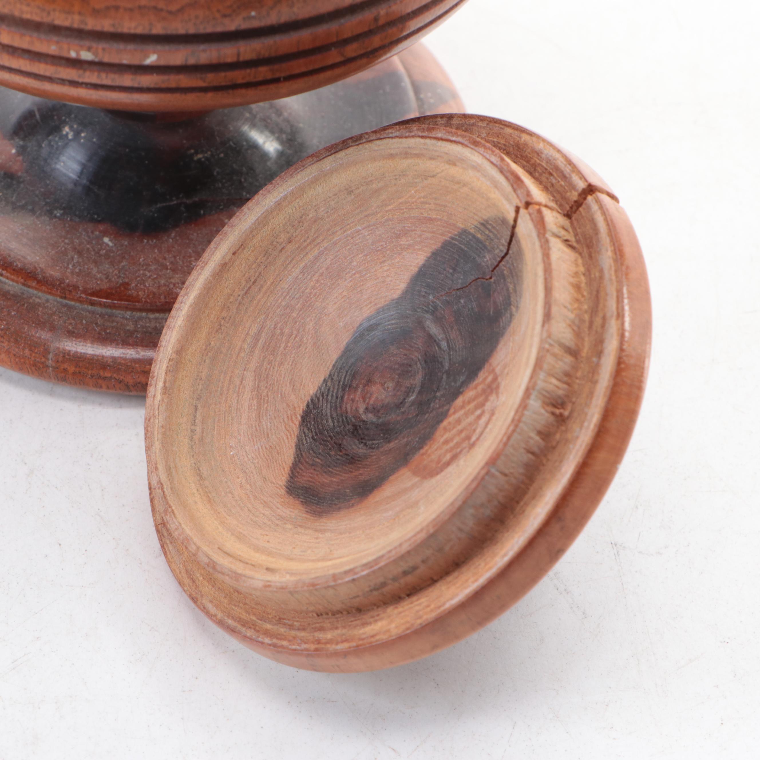 Turned Wood Mortar and Pestle with More Turned Wood Vessels and Lidded Boxes