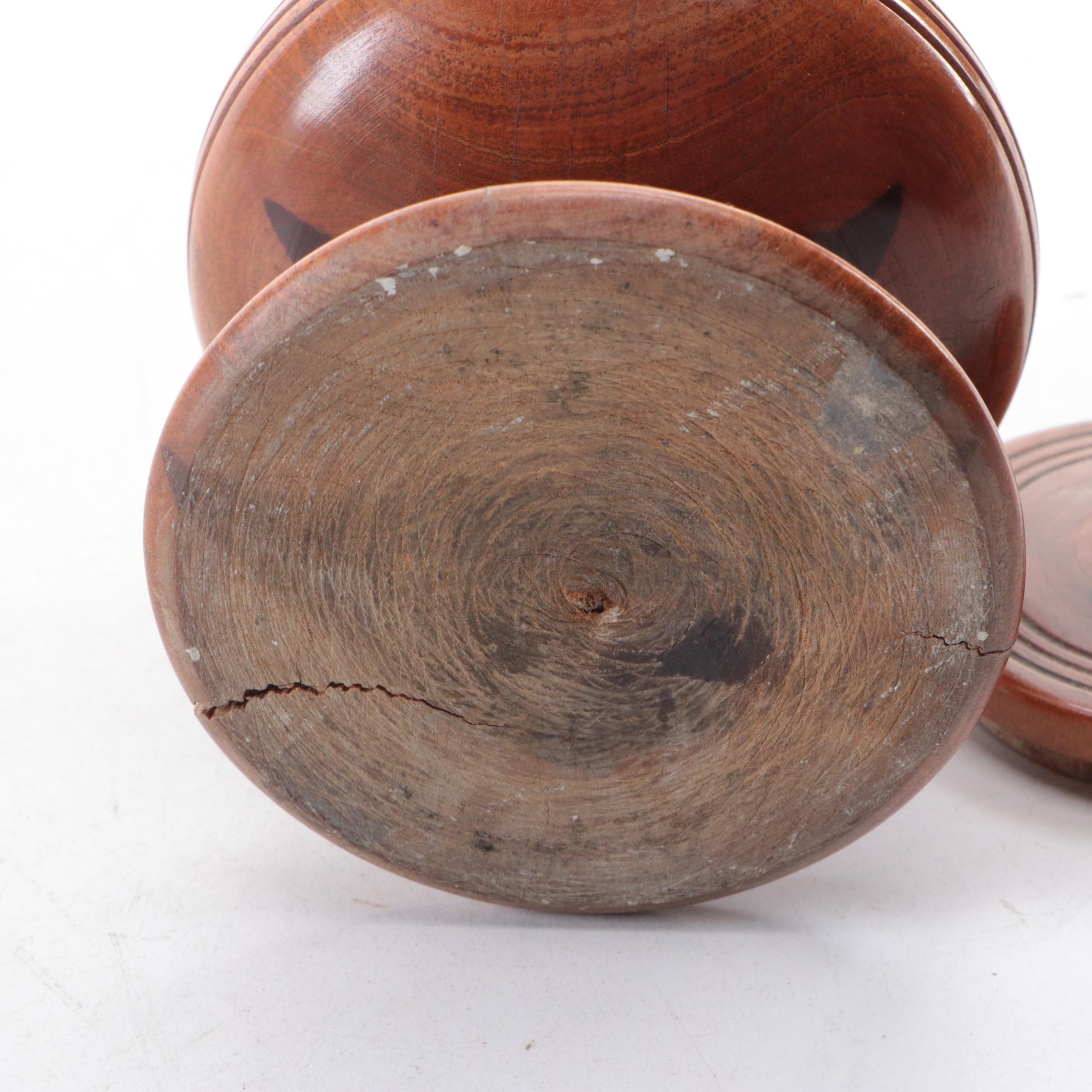 Turned Wood Mortar and Pestle with More Turned Wood Vessels and Lidded Boxes