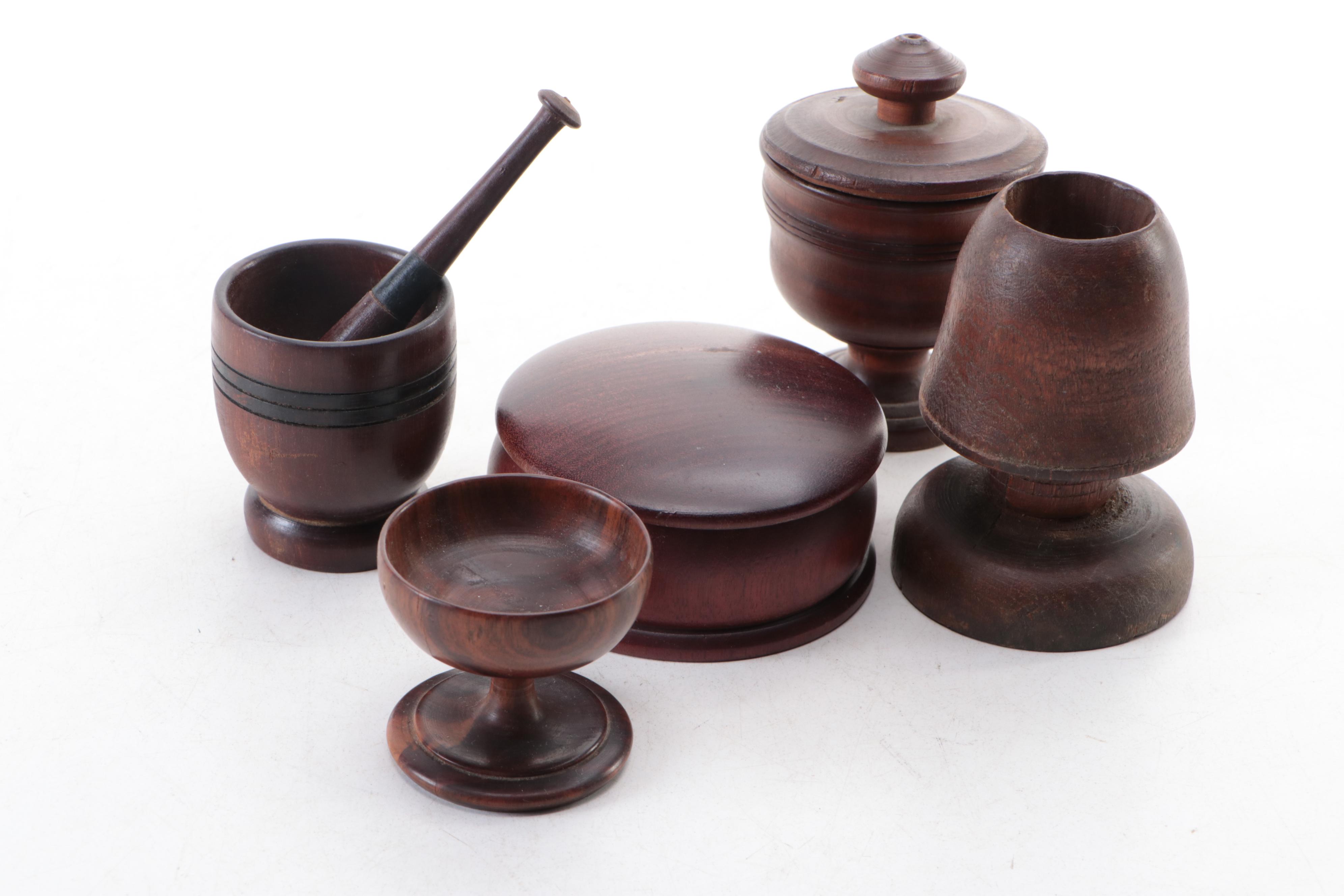 Turned Wood Mortar and Pestle with More Turned Wood Vessels and Lidded Boxes