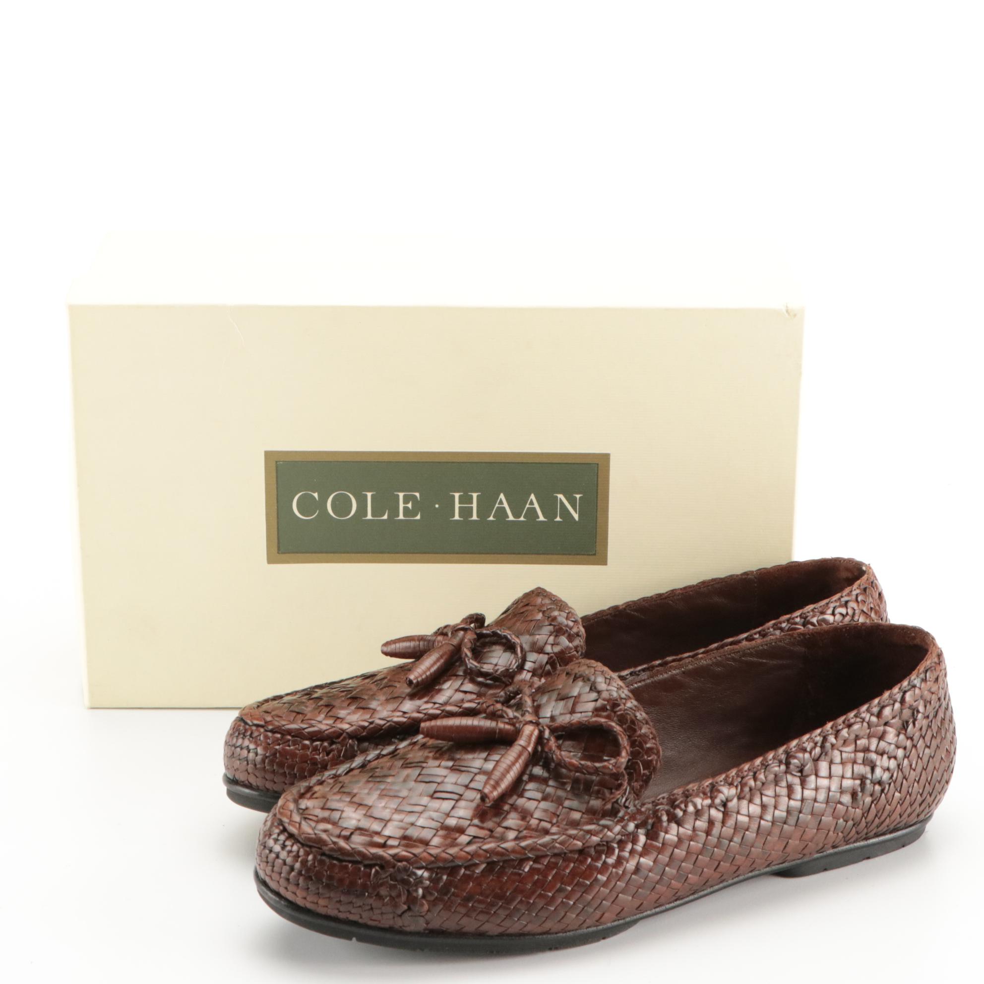Cole Haan Navy Blue and Brown Woven Leather Loafers with Boxes