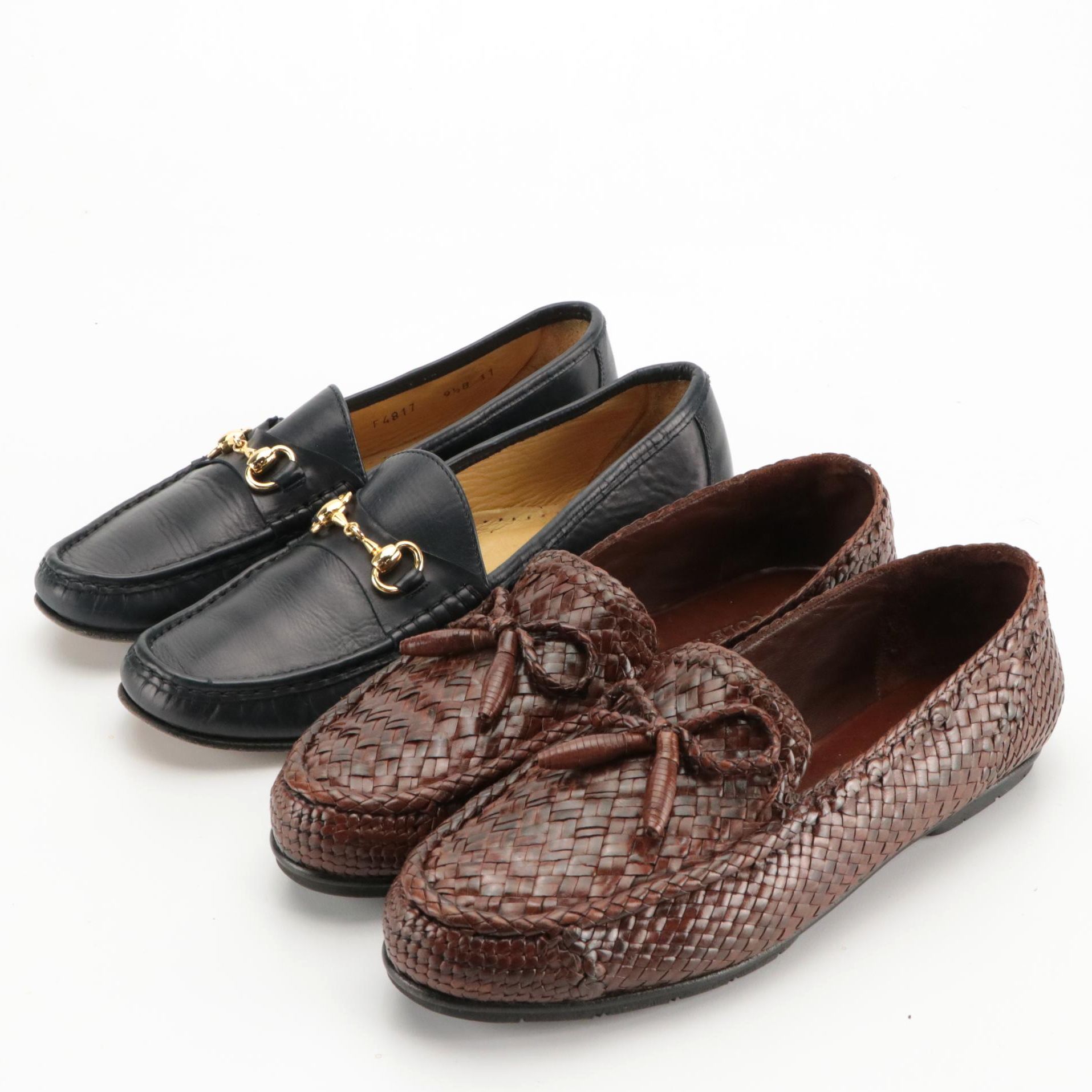 Cole Haan Navy Blue and Brown Woven Leather Loafers with Boxes