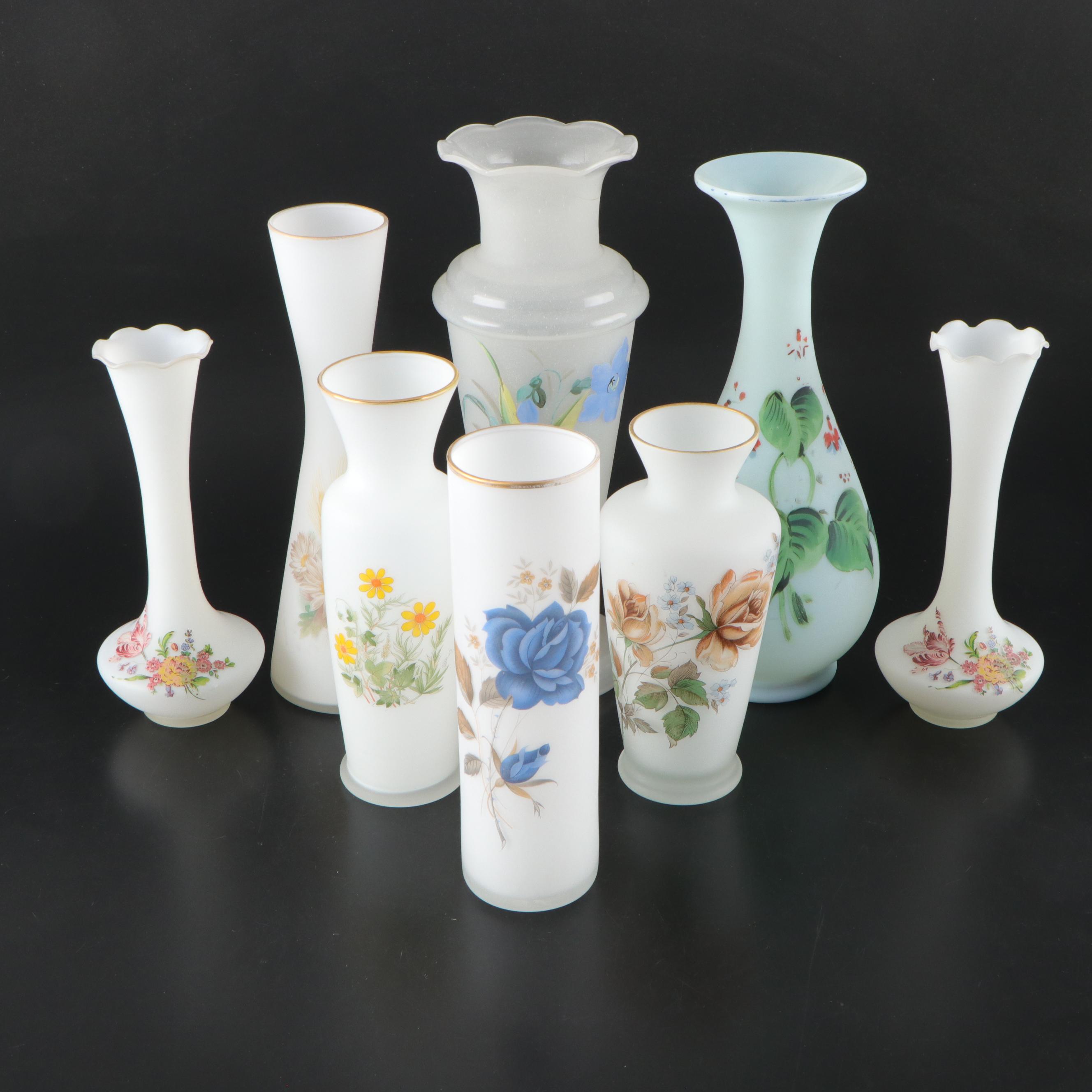 Hand-Painted Blown Glass Vases with Other Milk Glass Vases, Mid to Late 20th C.