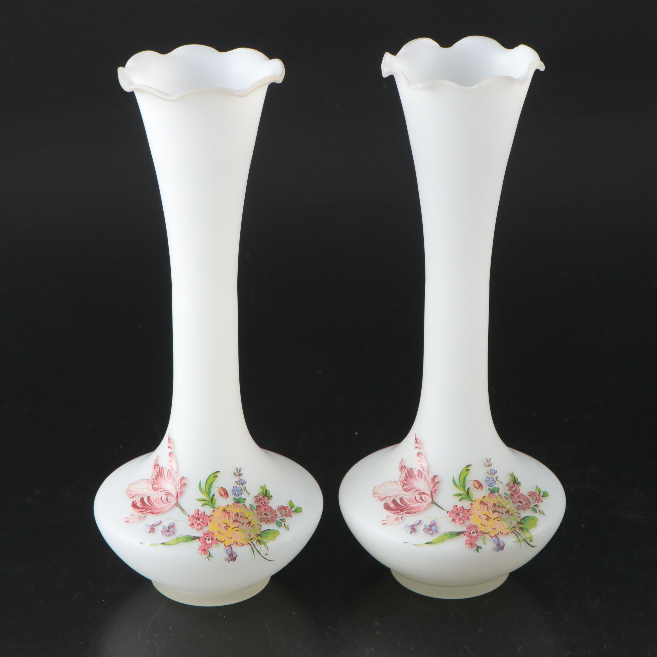 Hand-Painted Blown Glass Vases with Other Milk Glass Vases, Mid to Late 20th C.