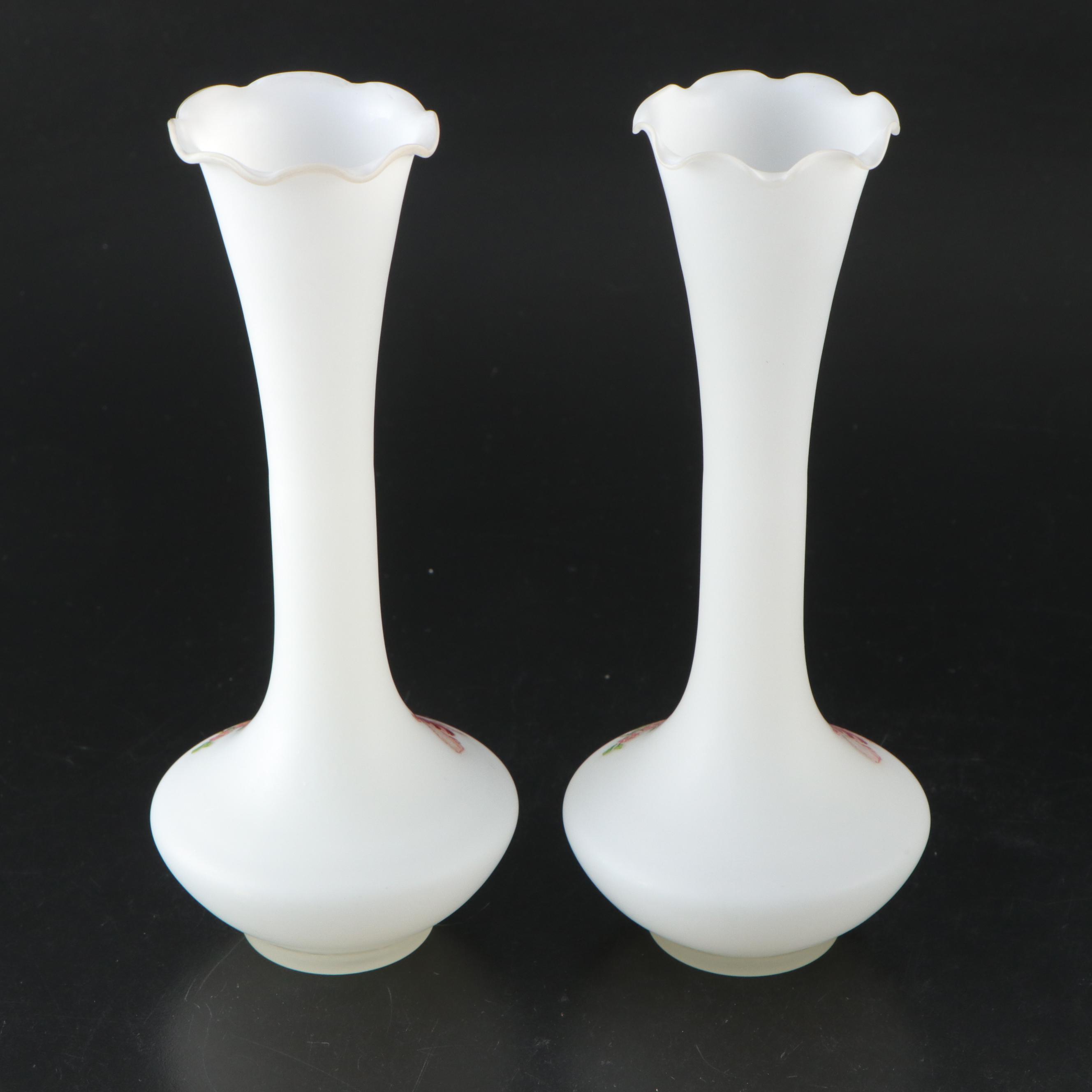 Hand-Painted Blown Glass Vases with Other Milk Glass Vases, Mid to Late 20th C.