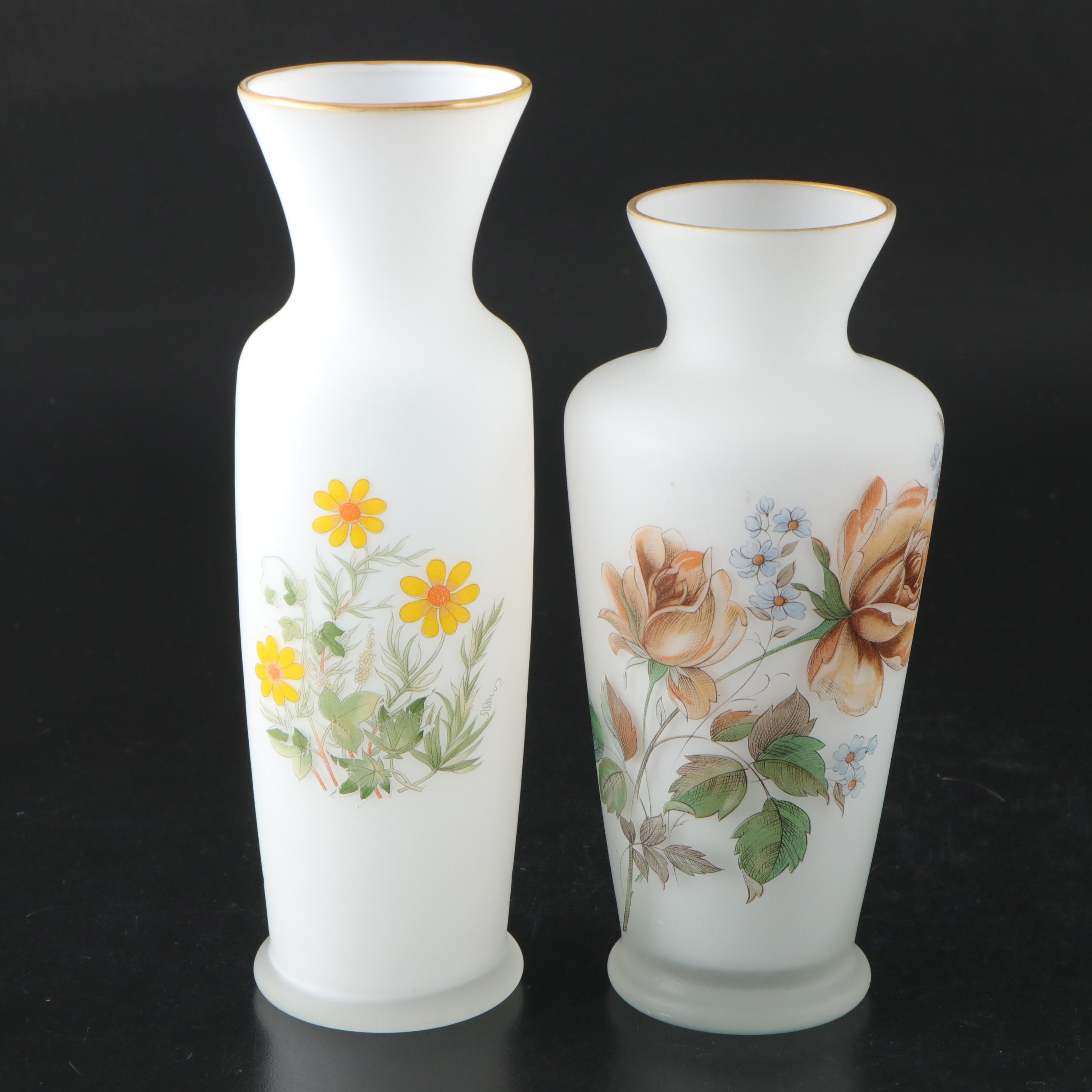 Hand-Painted Blown Glass Vases with Other Milk Glass Vases, Mid to Late 20th C.